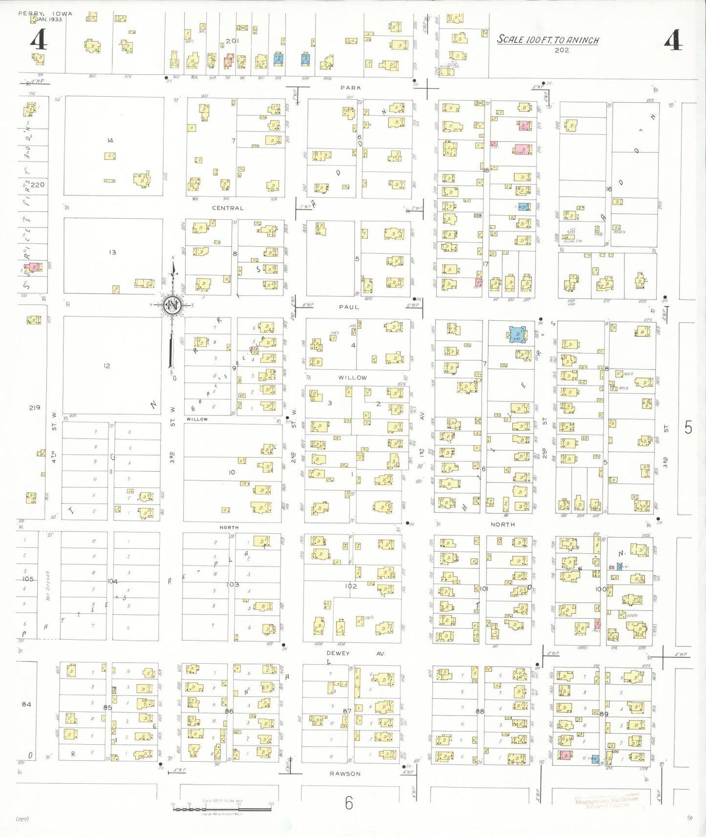 Sanborn Fire Insurance Map from Perry, Dallas County, Iowa (1933), Sheet #0004 - Historic Sanborn Fire Insurance Map Print, vintage old map wall art