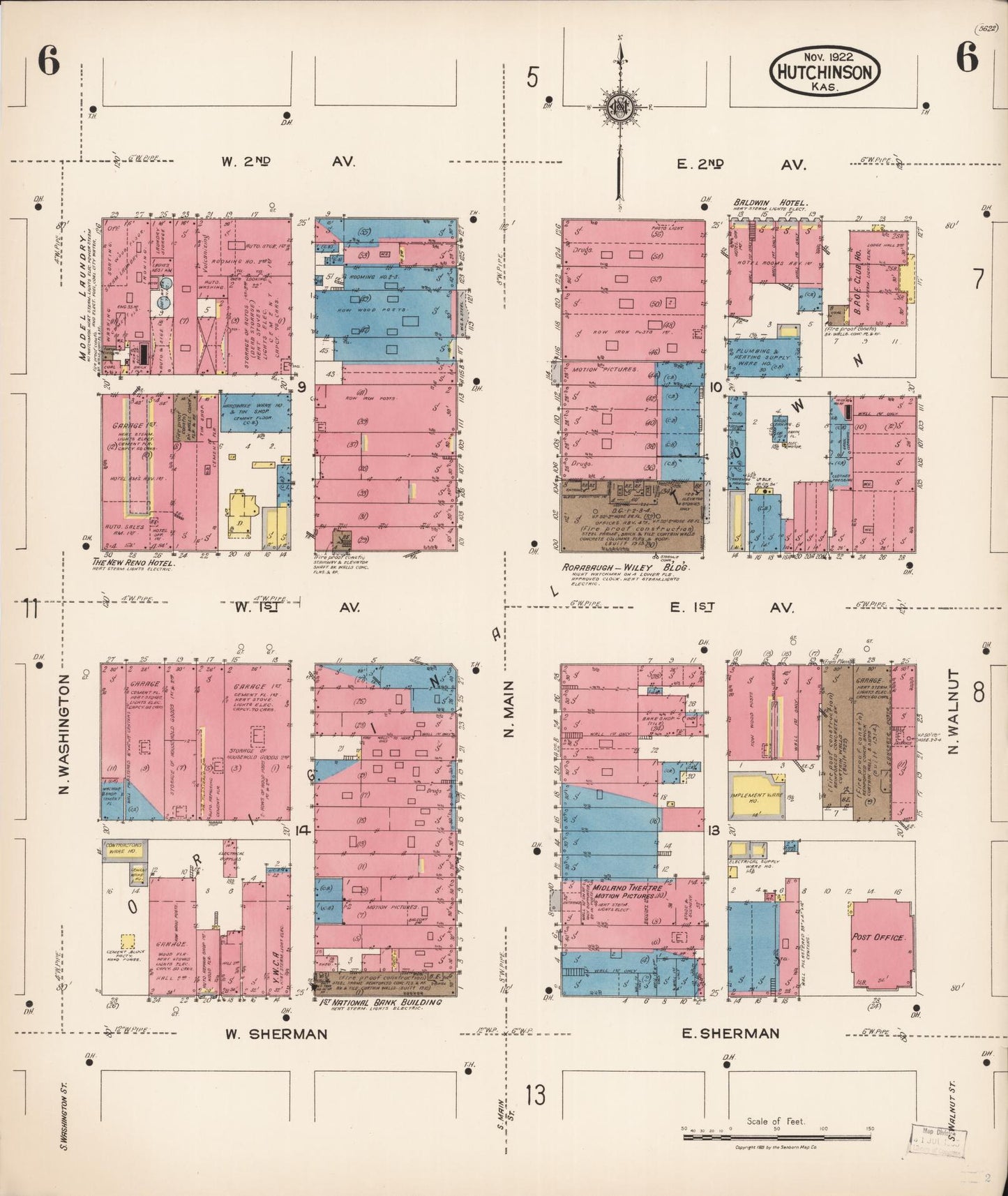 Sanborn Fire Insurance Map from Hutchinson, Reno County, Kansas (1922), Sheet #0007 - Complete Map Set gallery image, historic Sanborn map, vintage wall art, Kansas Kansas