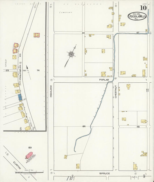 Sanborn Fire Insurance Map from Osceola Mills, Clearfield County, Pennsylvania (1921), Sheet #0010 - Historic Sanborn Fire Insurance Map Print, vintage old map wall art, antique decor, genealogy gift, Pennsylvania Pennsylvania map