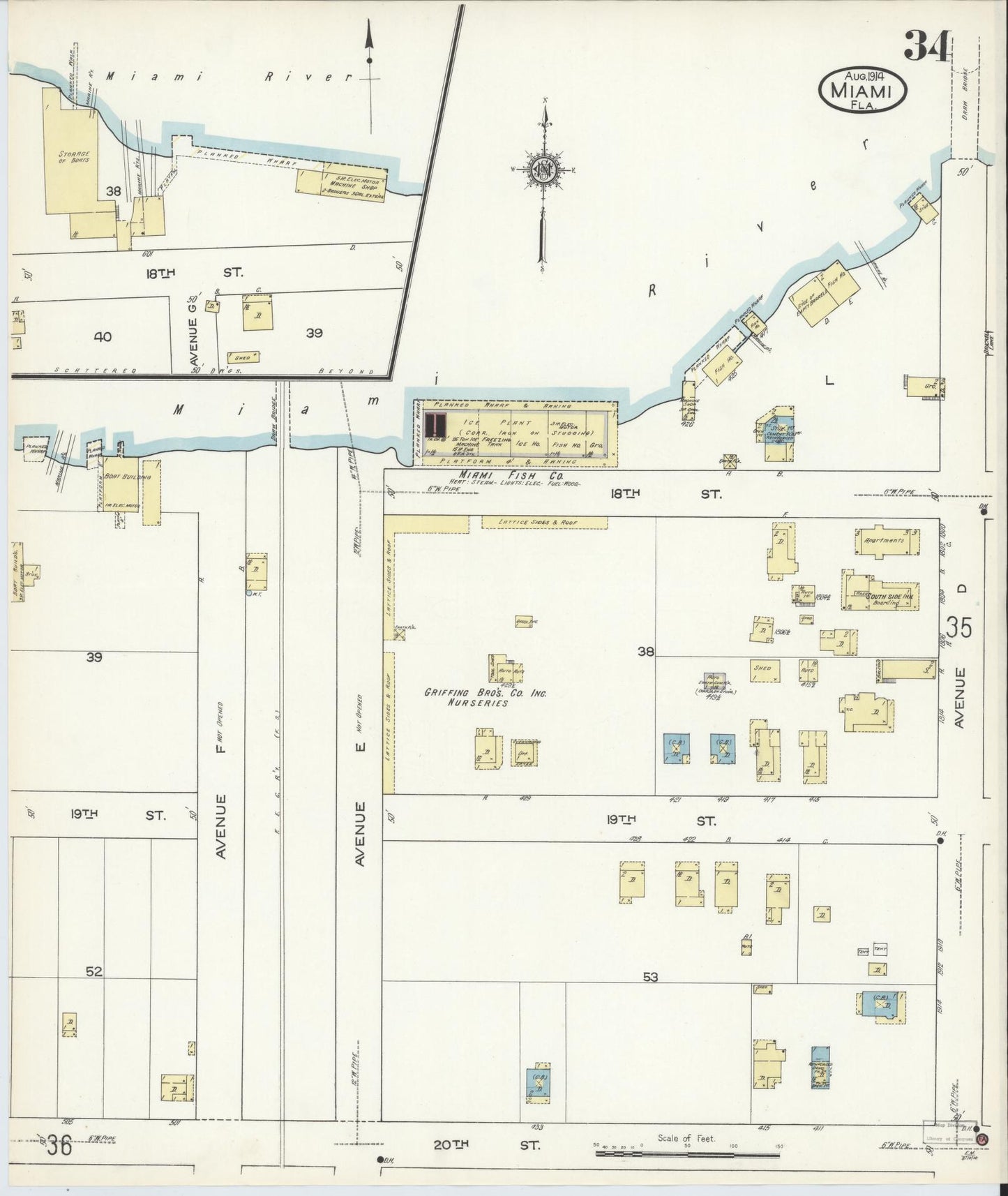 Sanborn Fire Insurance Map from Miami, Dade County, Florida (1914), Sheet #0034 - Historic Sanborn Fire Insurance Map Print, vintage old map wall art, antique decor, genealogy gift, Florida Florida map