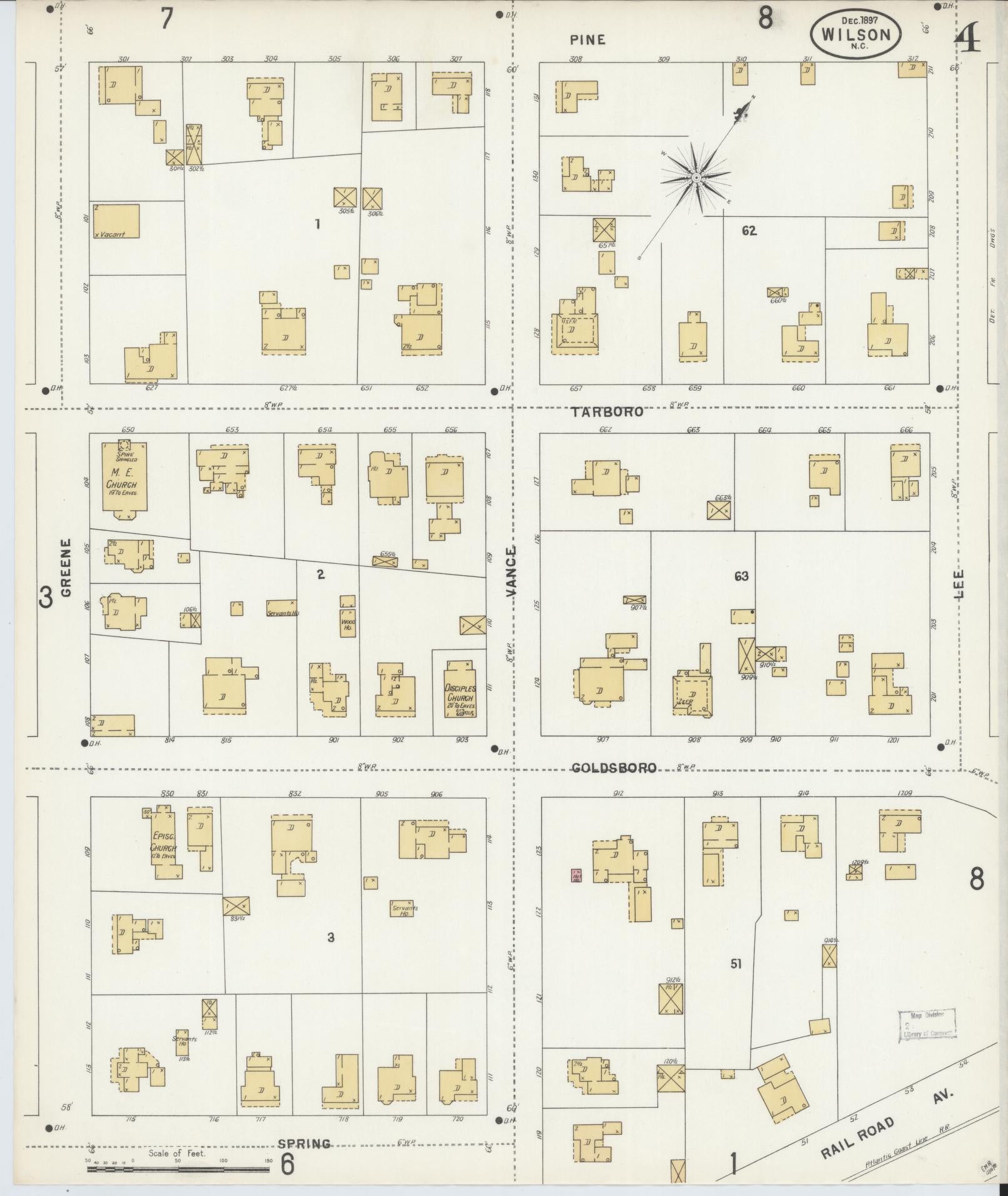 Sanborn Fire Insurance Map from Wilson, Wilson County, North Carolina (1897), Sheet #0004 - Historic Sanborn Fire Insurance Map Print, vintage old map wall art, antique decor, genealogy gift, North Carolina North Carolina map