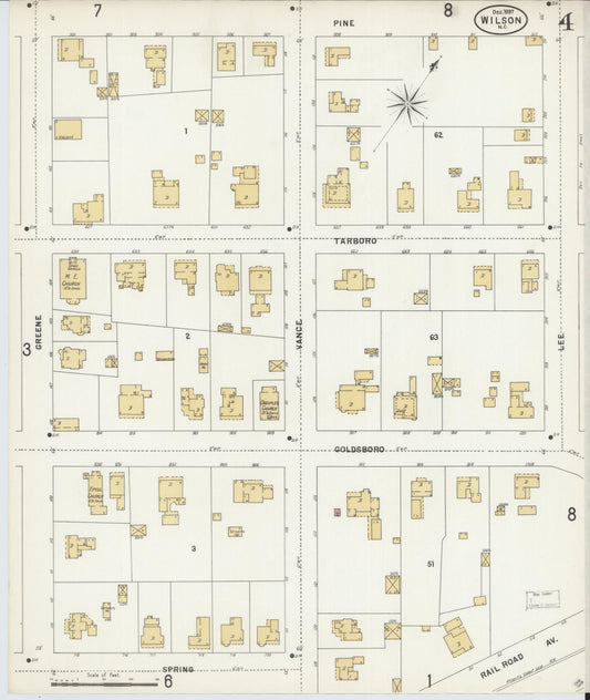 Sanborn Fire Insurance Map from Wilson, Wilson County, North Carolina (1897), Sheet #0004 - Historic Sanborn Fire Insurance Map Print, vintage old map wall art, antique decor, genealogy gift, North Carolina North Carolina map