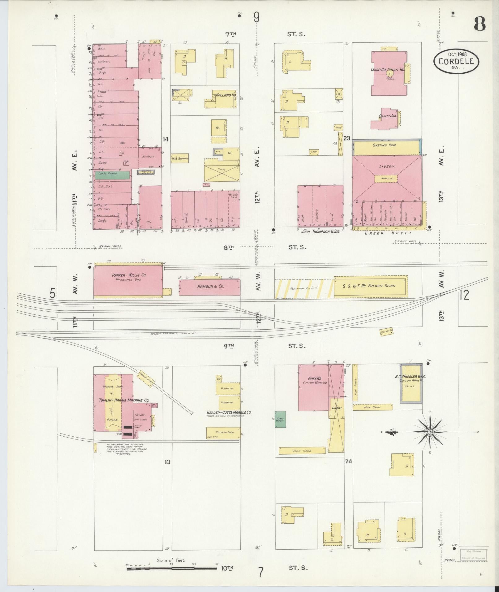 Sanborn Fire Insurance Map from Cordele, Crisp County, Georgia (1908), Sheet #0008 - Historic Sanborn Fire Insurance Map Print, vintage old map wall art, antique decor, genealogy gift, Georgia Georgia map