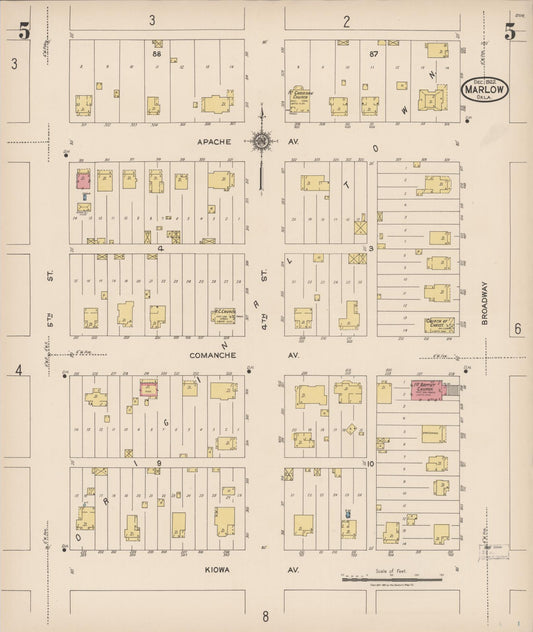 Sanborn Fire Insurance Map from Marlow, Stephens County, Oklahoma (1922), Sheet #0005 - Historic Sanborn Fire Insurance Map Print, vintage old map wall art, antique decor, genealogy gift, Oklahoma Oklahoma map