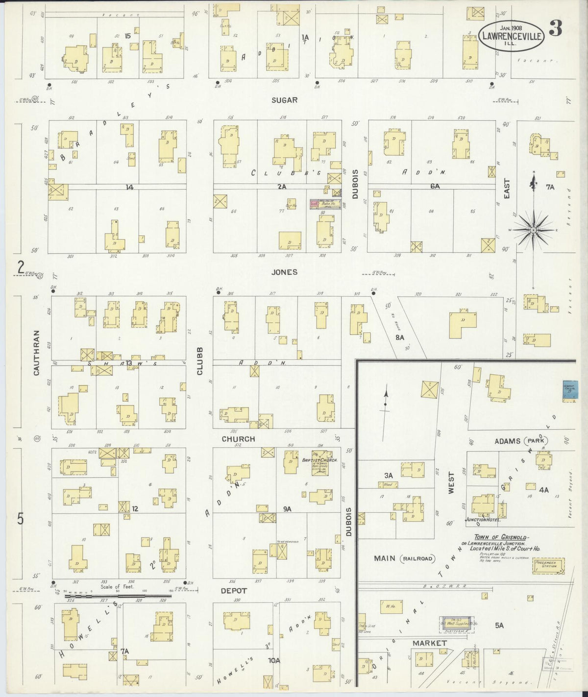 Sanborn Fire Insurance Map from Lawrenceville, Lawrence County, Illinois (1908), Sheet #0003 - Historic Sanborn Fire Insurance Map Print, vintage old map wall art, antique decor, genealogy gift, Illinois Illinois map