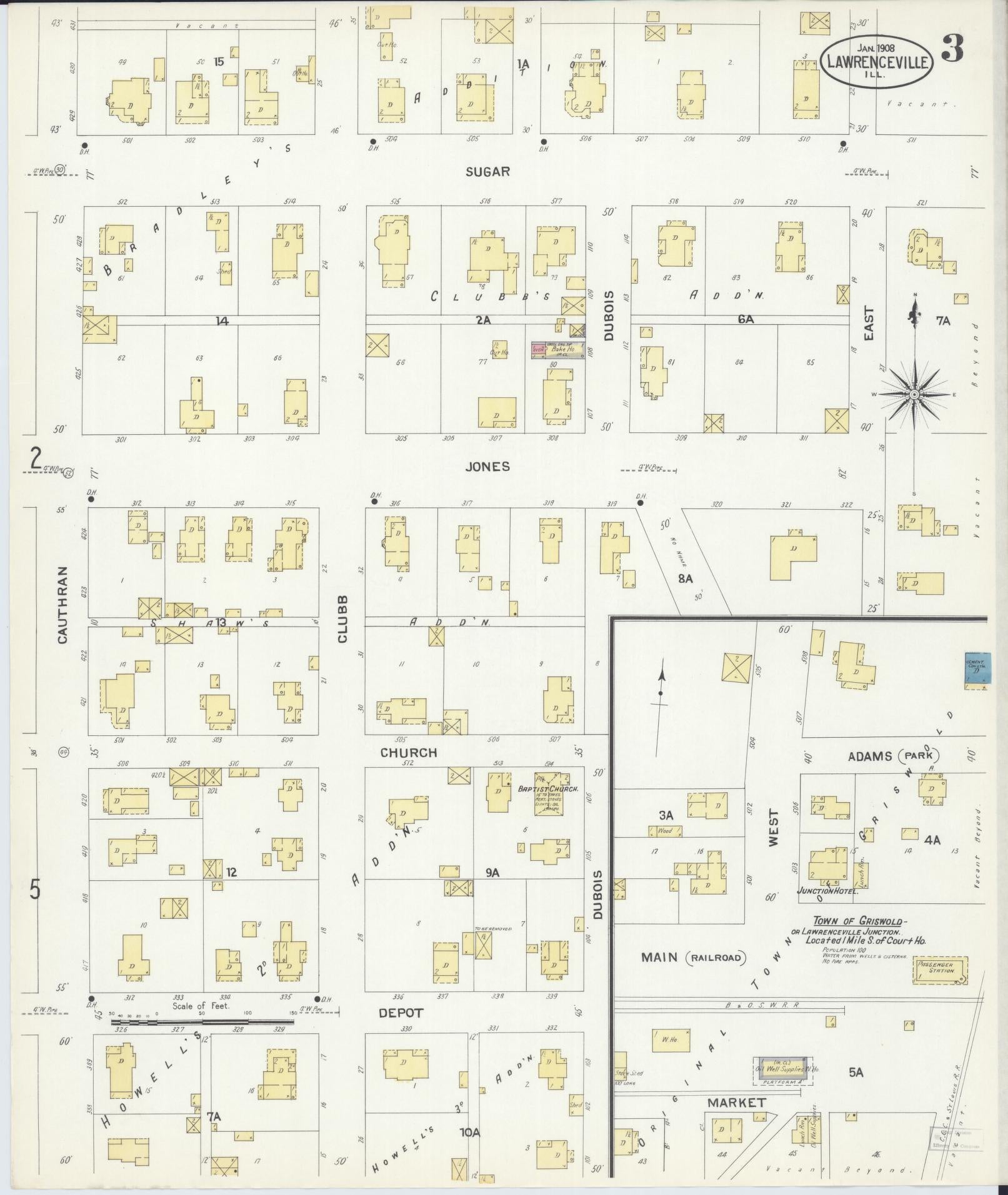 Sanborn Fire Insurance Map from Lawrenceville, Lawrence County, Illinois (1908), Sheet #0003 - Historic Sanborn Fire Insurance Map Print, vintage old map wall art, antique decor, genealogy gift, Illinois Illinois map