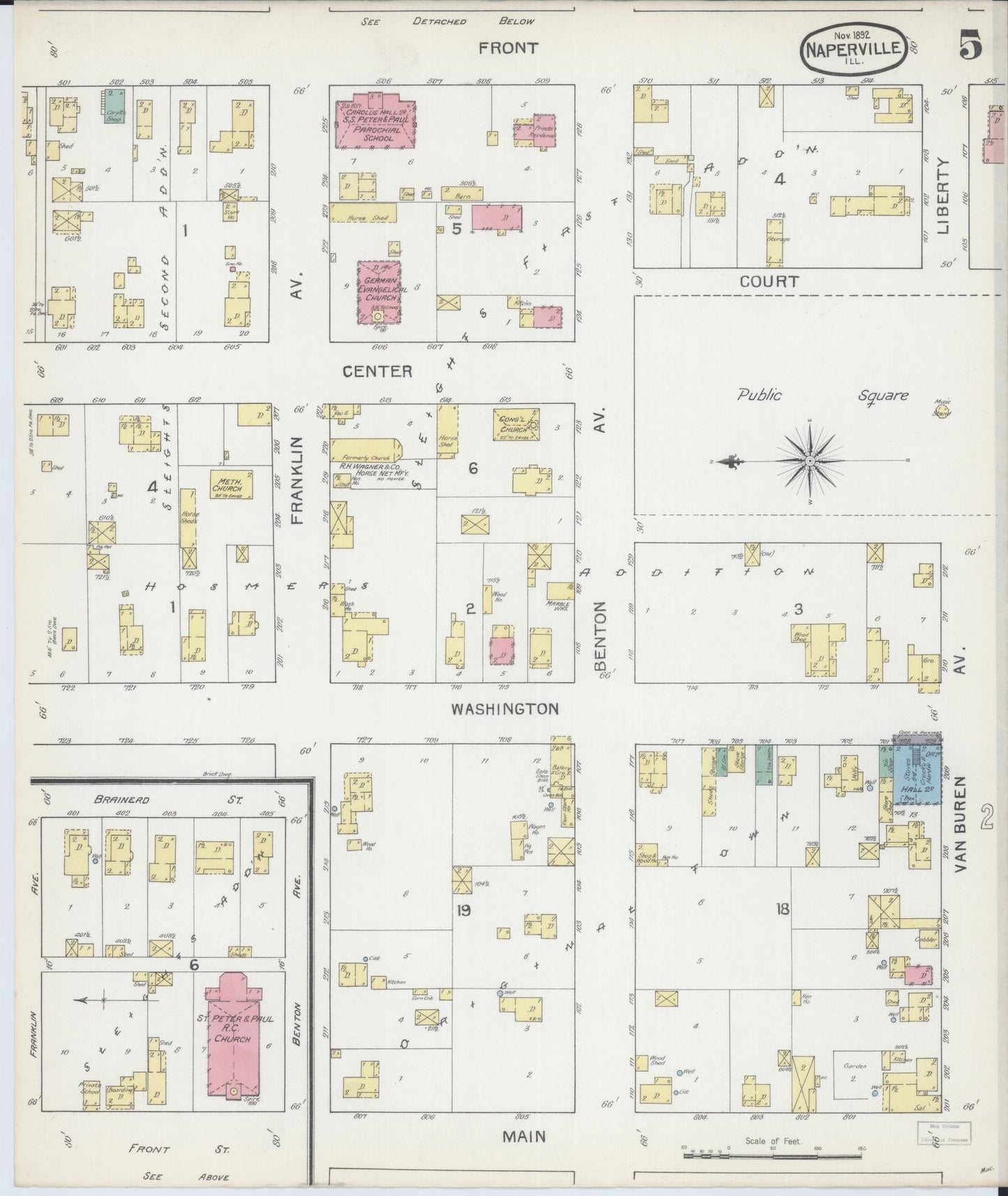 Sanborn Fire Insurance Map from Naperville, Du Page County, Illinois (1892), Sheet #0005 - Complete Map Set gallery image, historic Sanborn map, vintage wall art, Illinois Illinois