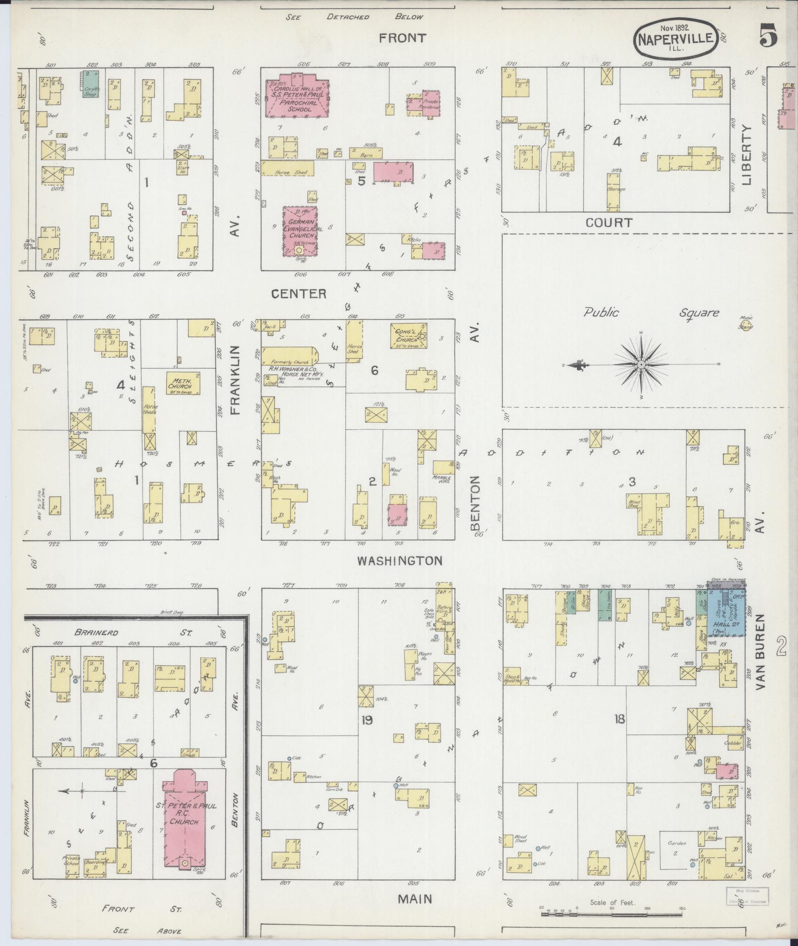 Sanborn Fire Insurance Map from Naperville, Du Page County, Illinois (1892), Sheet #0005 - Complete Map Set gallery image, historic Sanborn map, vintage wall art, Illinois Illinois