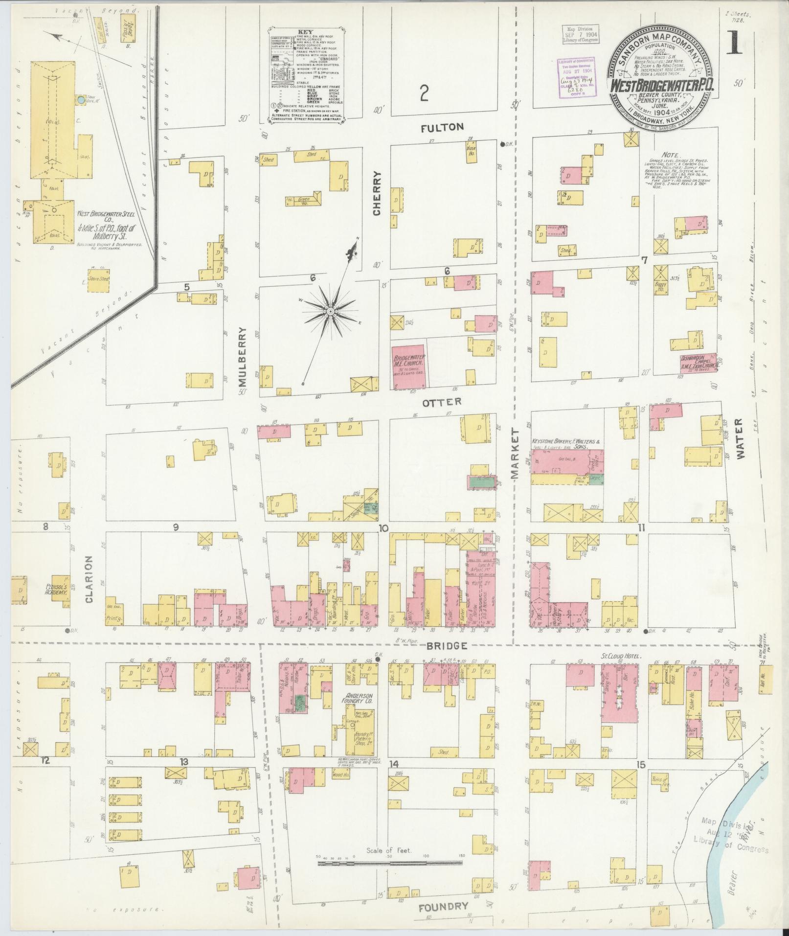 Sanborn Fire Insurance Map from West Bridgewater, Beaver County, Pennsylvania (1904), Sheet #0001 - Complete Map Set gallery image, historic Sanborn map, vintage wall art, Pennsylvania Pennsylvania