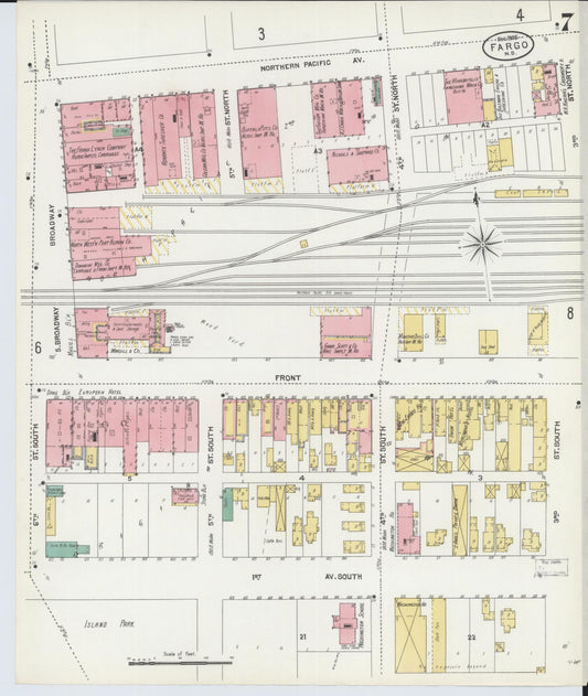 Sanborn Fire Insurance Map from Fargo, Cass County, North Dakota (1905), Sheet #0007 - Historic Sanborn Fire Insurance Map Print, vintage old map wall art, antique decor, genealogy gift, North Dakota North Dakota map