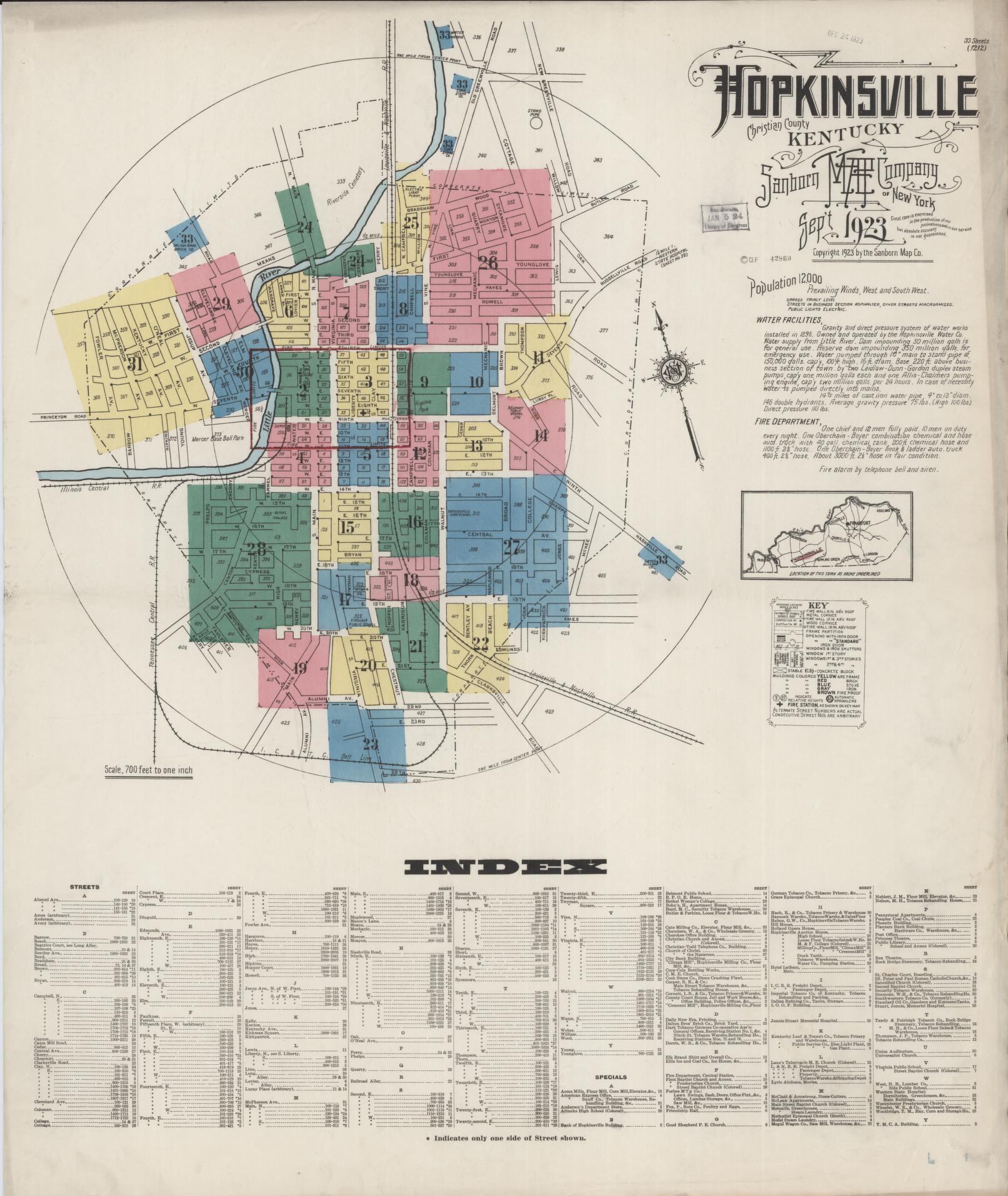 Sanborn Fire Insurance Map from Hopkinsville, Christian County, Kentucky (1923), Sheet #0001 - Complete Map Set gallery image, historic Sanborn map, vintage wall art, Kentucky Kentucky