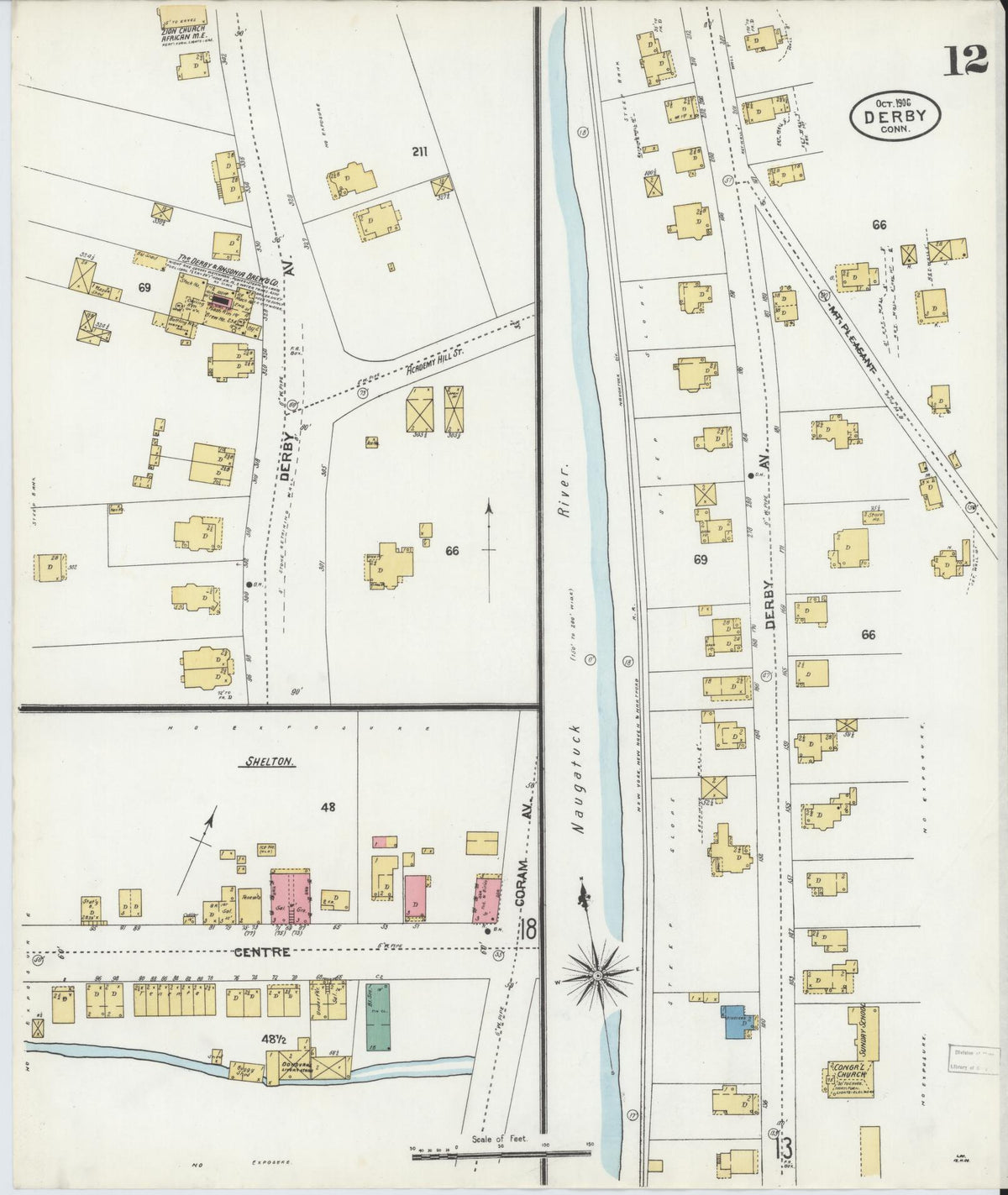 Sanborn Fire Insurance Map from Derby, New Haven County, Connecticut (1906), Sheet #0012 - Historic Sanborn Fire Insurance Map Print, vintage old map wall art, antique decor, genealogy gift, Connecticut Connecticut map