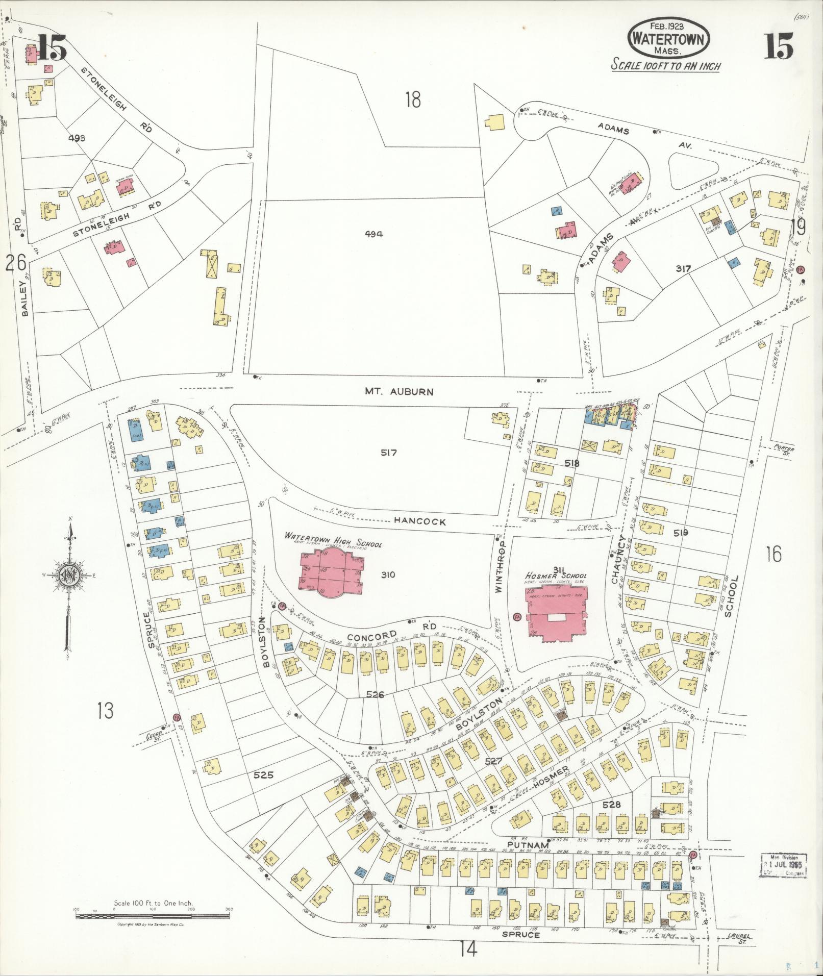 Sanborn Fire Insurance Map from Watertown, Middlesex County, Massachusetts (1923), Sheet #0015 - Complete Map Set gallery image, historic Sanborn map, vintage wall art, Massachusetts Massachusetts