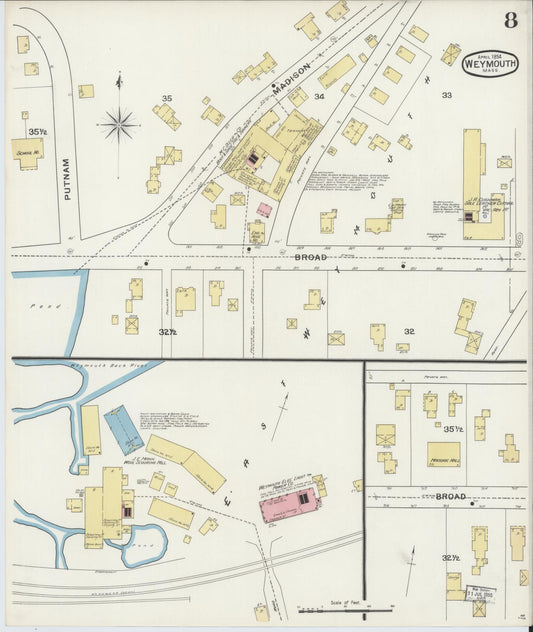 Sanborn Fire Insurance Map from Weymouth, Norfolk County, Massachusetts (1894), Sheet #0008 - Historic Sanborn Fire Insurance Map Print, vintage old map wall art, antique decor, genealogy gift, Massachusetts Massachusetts map