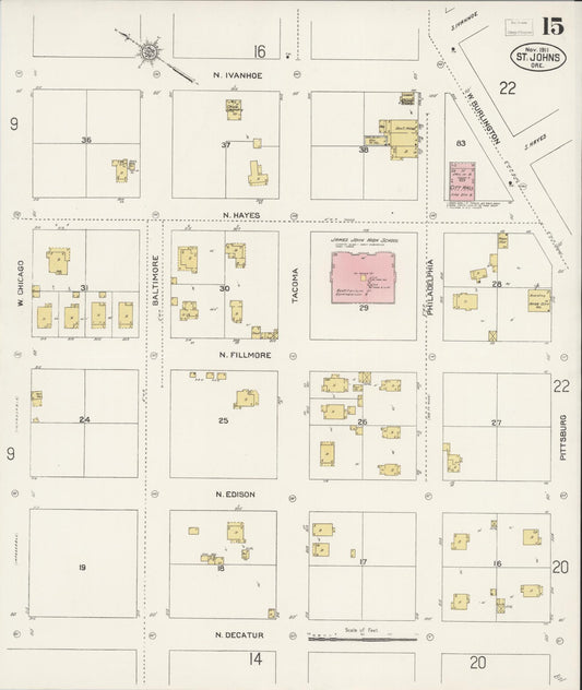 Sanborn Fire Insurance Map from Saint Johns, Multnomah County, Oregon (1911), Sheet #0015 - Historic Sanborn Fire Insurance Map Print, vintage old map wall art, antique decor, genealogy gift, Oregon Oregon map