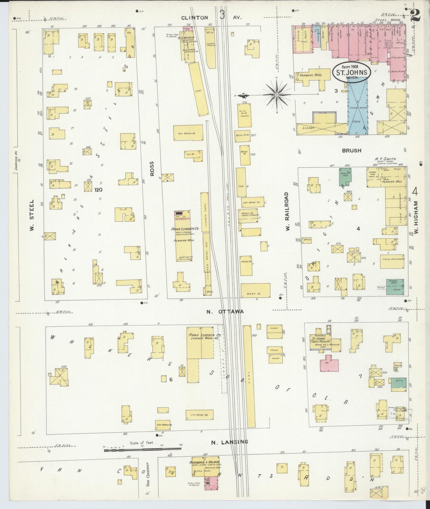 Sanborn Fire Insurance Map from Saint Johns, Clinton County, Michigan (1908), Sheet #0002 - Complete Map Set gallery image, historic Sanborn map, vintage wall art, Michigan Michigan