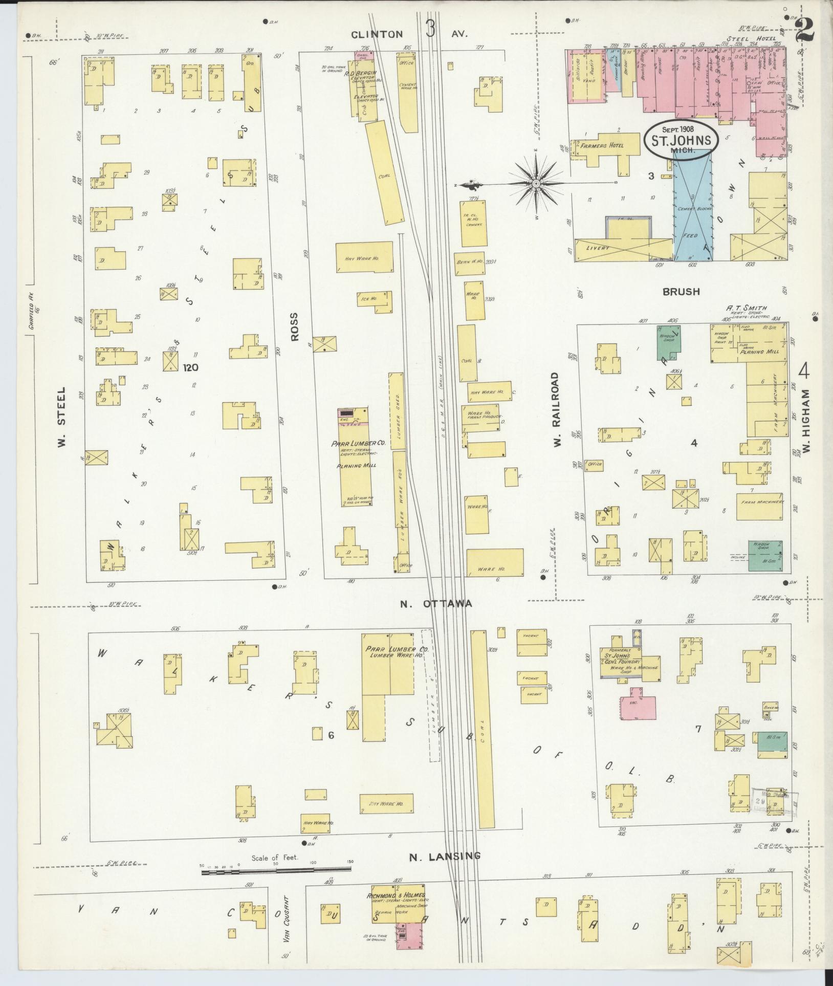 Sanborn Fire Insurance Map from Saint Johns, Clinton County, Michigan (1908), Sheet #0002 - Complete Map Set gallery image, historic Sanborn map, vintage wall art, Michigan Michigan