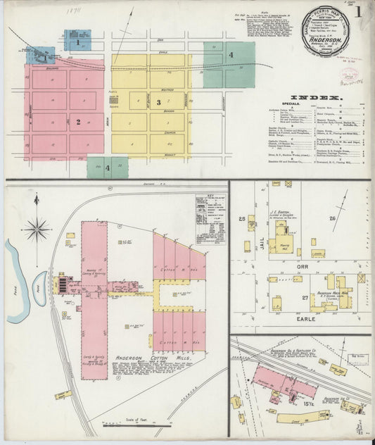 Sanborn Fire Insurance Map from Anderson, Anderson County, South Carolina (1896), Sheet #0001 - Complete Map Set gallery image, historic Sanborn map, vintage wall art, South Carolina South Carolina