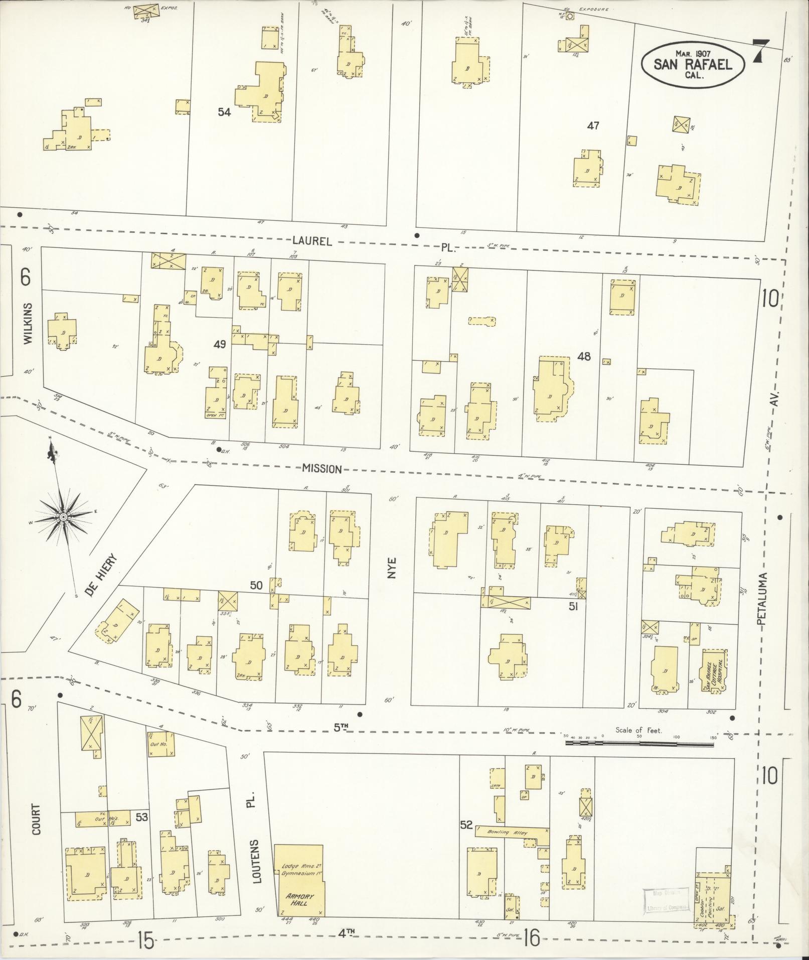 Sanborn Fire Insurance Map from San Rafael, Marin County, California (1907), Sheet #0007 - Complete Map Set gallery image, historic Sanborn map, vintage wall art, California California