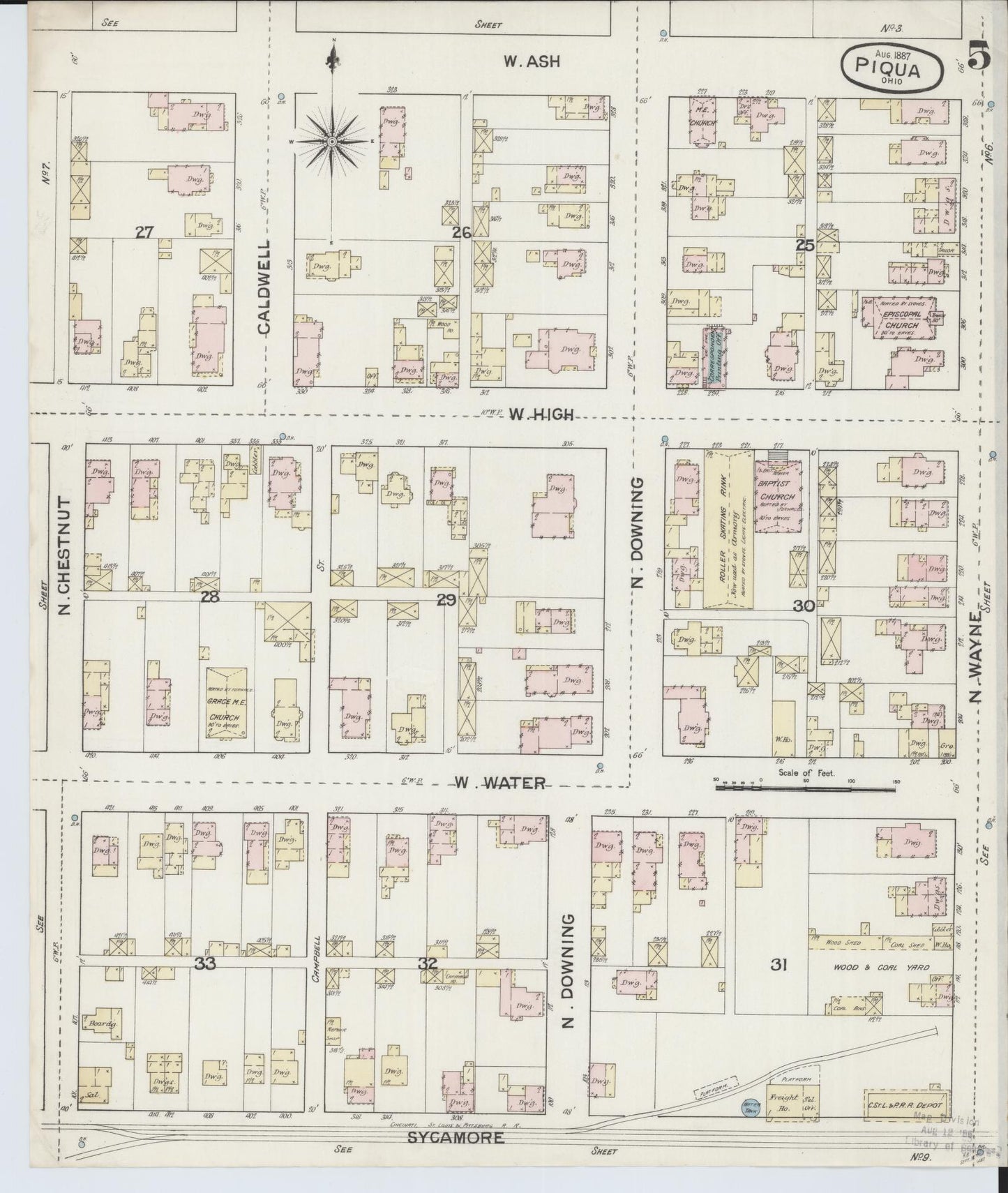 Sanborn Fire Insurance Map from Piqua, Miami County, Ohio (1887), Sheet #0005 - Historic Sanborn Fire Insurance Map Print, vintage old map wall art, antique decor, genealogy gift, Ohio Ohio map