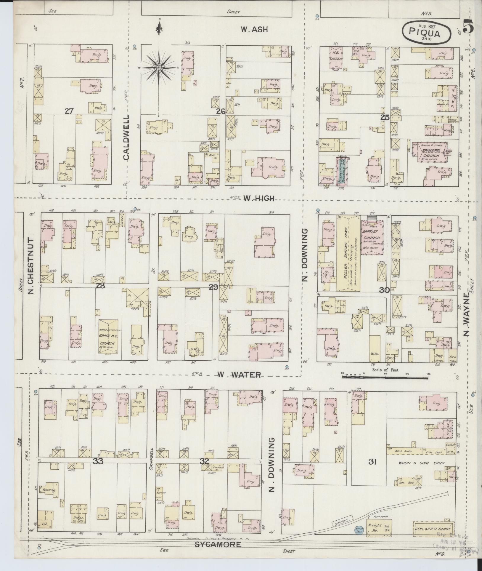 Sanborn Fire Insurance Map from Piqua, Miami County, Ohio (1887), Sheet #0005 - Historic Sanborn Fire Insurance Map Print, vintage old map wall art, antique decor, genealogy gift, Ohio Ohio map