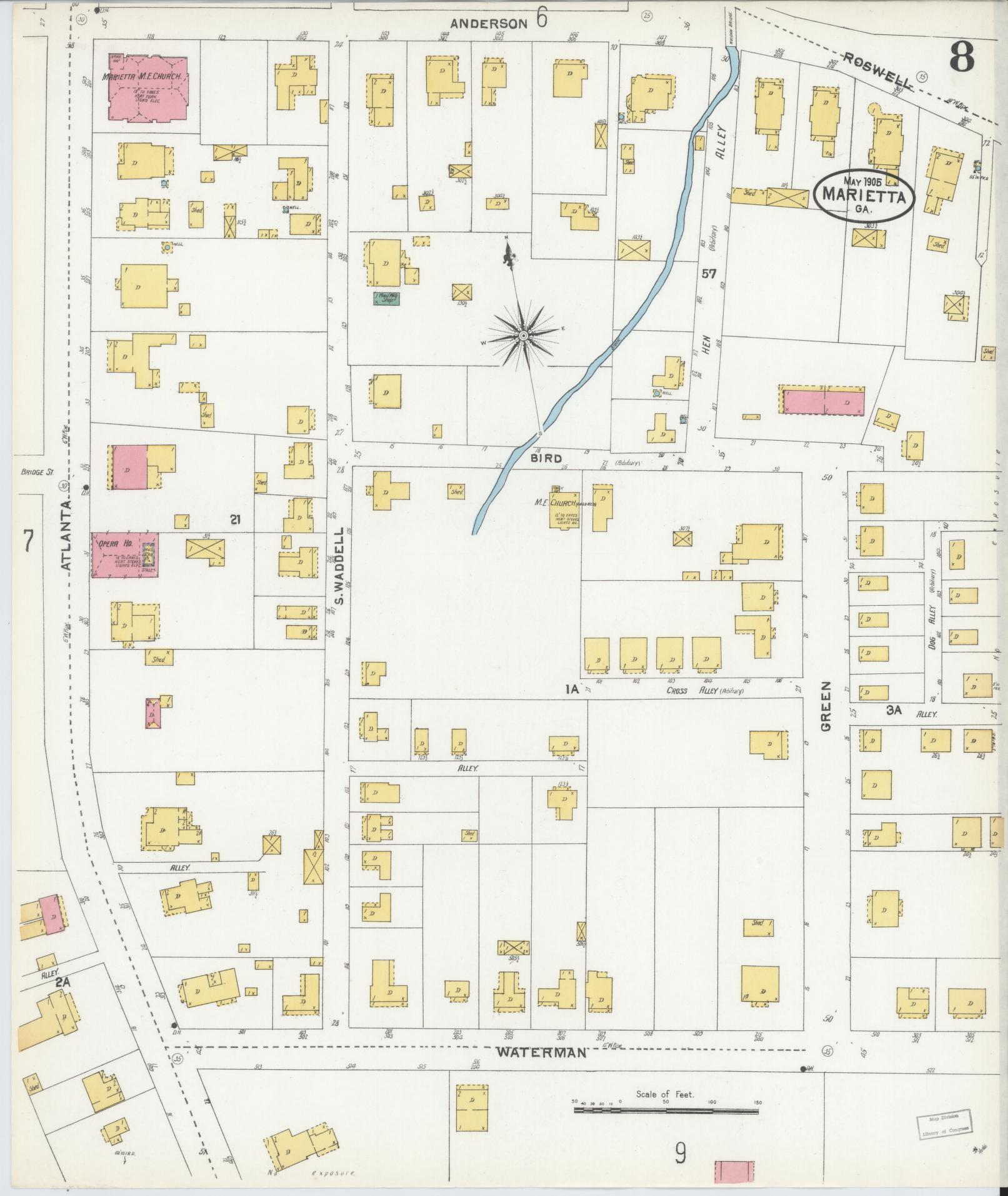 Sanborn Fire Insurance Map from Marietta, Cobb County, Georgia (1905), Sheet #0008 - Historic Sanborn Fire Insurance Map Print, vintage old map wall art, antique decor, genealogy gift, Georgia Georgia map