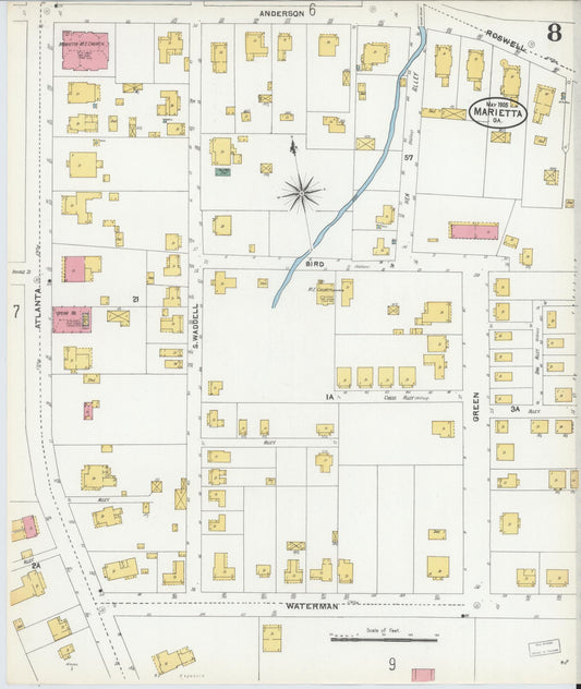 Sanborn Fire Insurance Map from Marietta, Cobb County, Georgia (1905), Sheet #0008 - Historic Sanborn Fire Insurance Map Print, vintage old map wall art, antique decor, genealogy gift, Georgia Georgia map