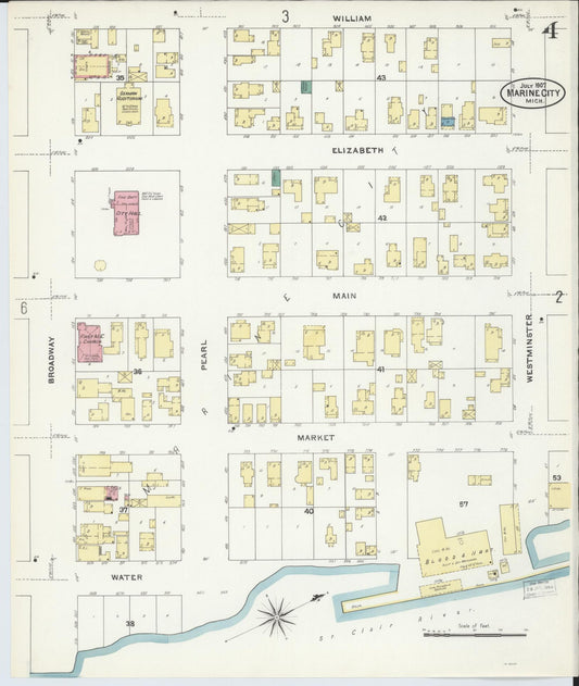 Sanborn Fire Insurance Map from Marine City, Saint Clair County, Michigan (1907), Sheet #0004 - Historic Sanborn Fire Insurance Map Print, vintage old map wall art, antique decor, genealogy gift, Michigan Michigan map
