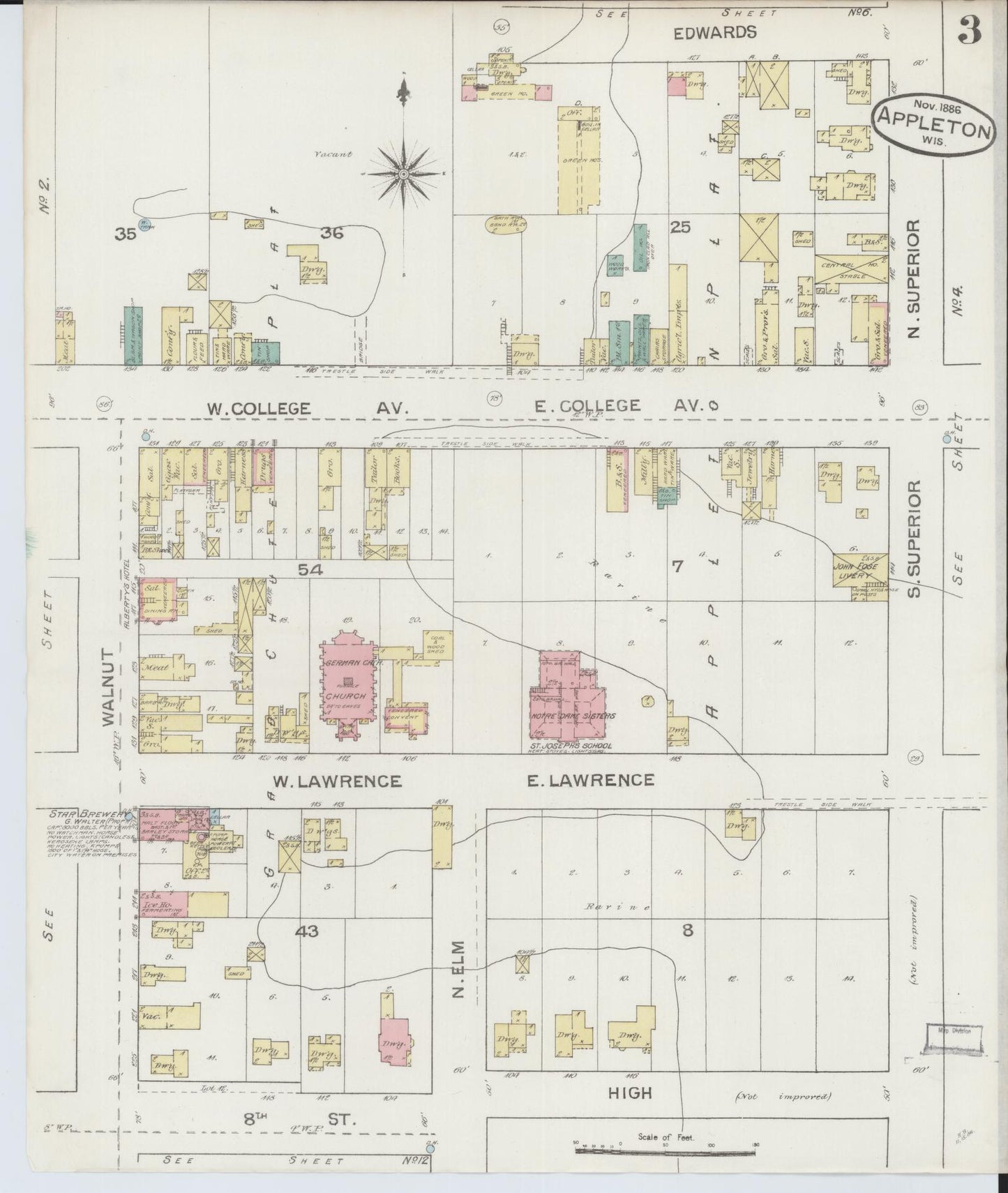 Sanborn Fire Insurance Map from Appleton, Outagamie County, Wisconsin (1886), Sheet #0003 - Historic Sanborn Fire Insurance Map Print, vintage old map wall art, antique decor, genealogy gift, Wisconsin Wisconsin map