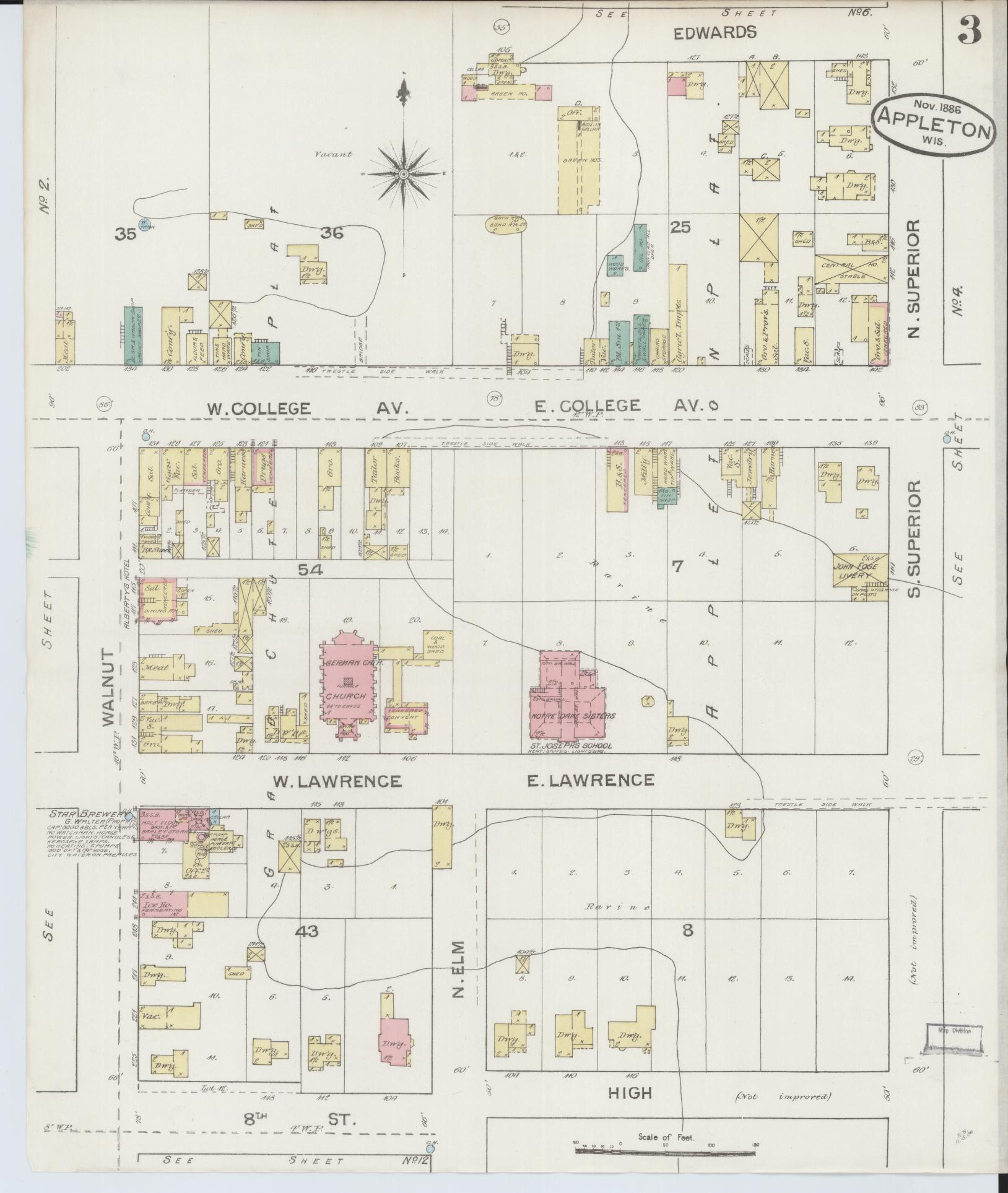 Sanborn Fire Insurance Map from Appleton, Outagamie County, Wisconsin (1886), Sheet #0003 - Historic Sanborn Fire Insurance Map Print, vintage old map wall art, antique decor, genealogy gift, Wisconsin Wisconsin map