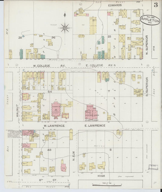 Sanborn Fire Insurance Map from Appleton, Outagamie County, Wisconsin (1886), Sheet #0003 - Historic Sanborn Fire Insurance Map Print, vintage old map wall art, antique decor, genealogy gift, Wisconsin Wisconsin map
