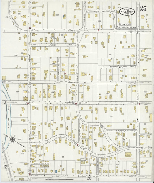 Sanborn Fire Insurance Map from Hyde Park, Norfolk County, Massachusetts (1917), Sheet #0027 - Historic Sanborn Fire Insurance Map Print, vintage old map wall art, antique decor, genealogy gift, Massachusetts Massachusetts map