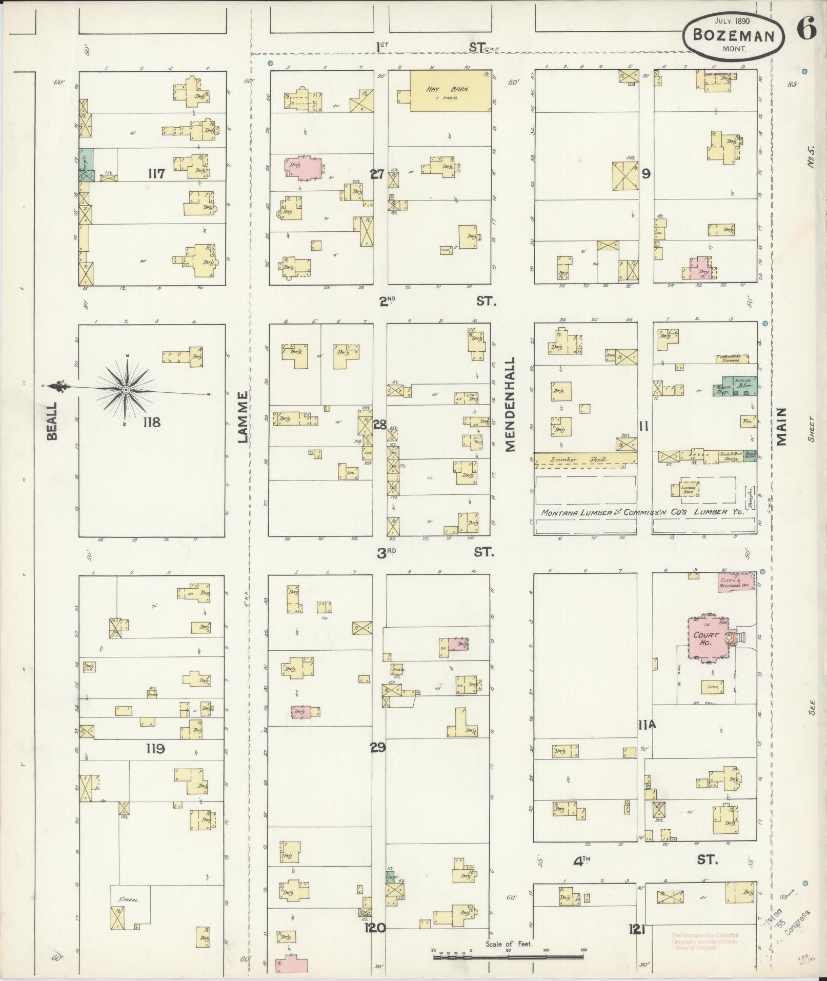 Sanborn Fire Insurance Map from Bozeman, Gallatin County, Montana (1890), Sheet #0006 - Historic Sanborn Fire Insurance Map Print, vintage old map wall art, antique decor, genealogy gift, Montana Montana map