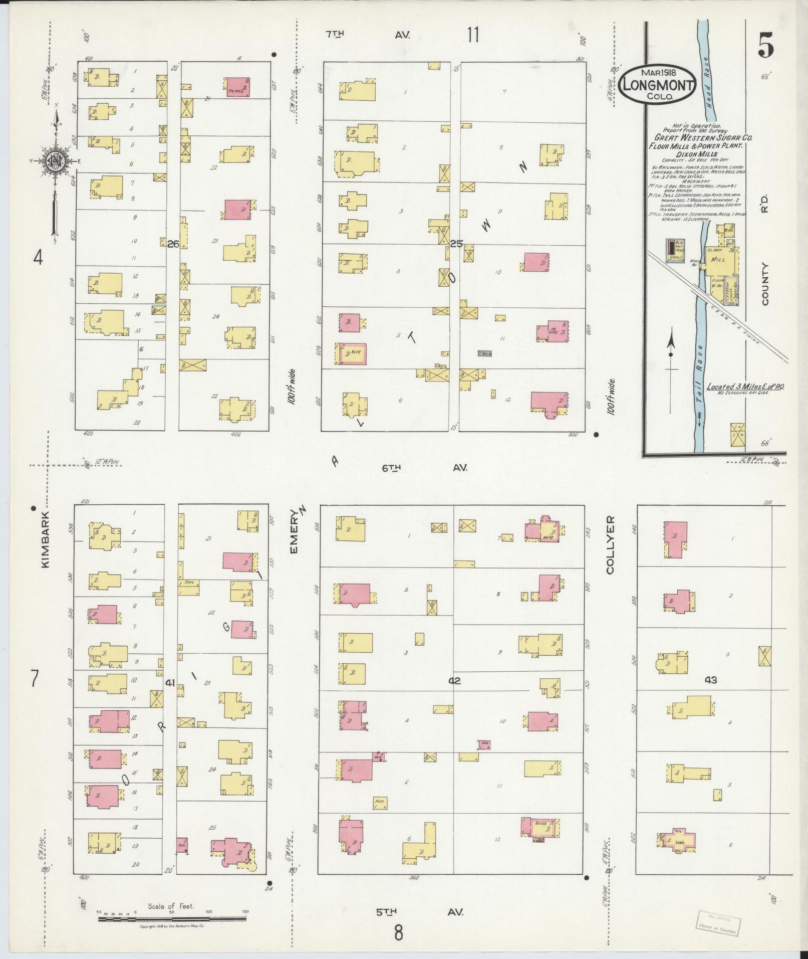 Sanborn Fire Insurance Map from Longmont, Boulder County, Colorado (1918), Sheet #0005 - Historic Sanborn Fire Insurance Map Print, vintage old map wall art, antique decor, genealogy gift, Colorado Colorado map
