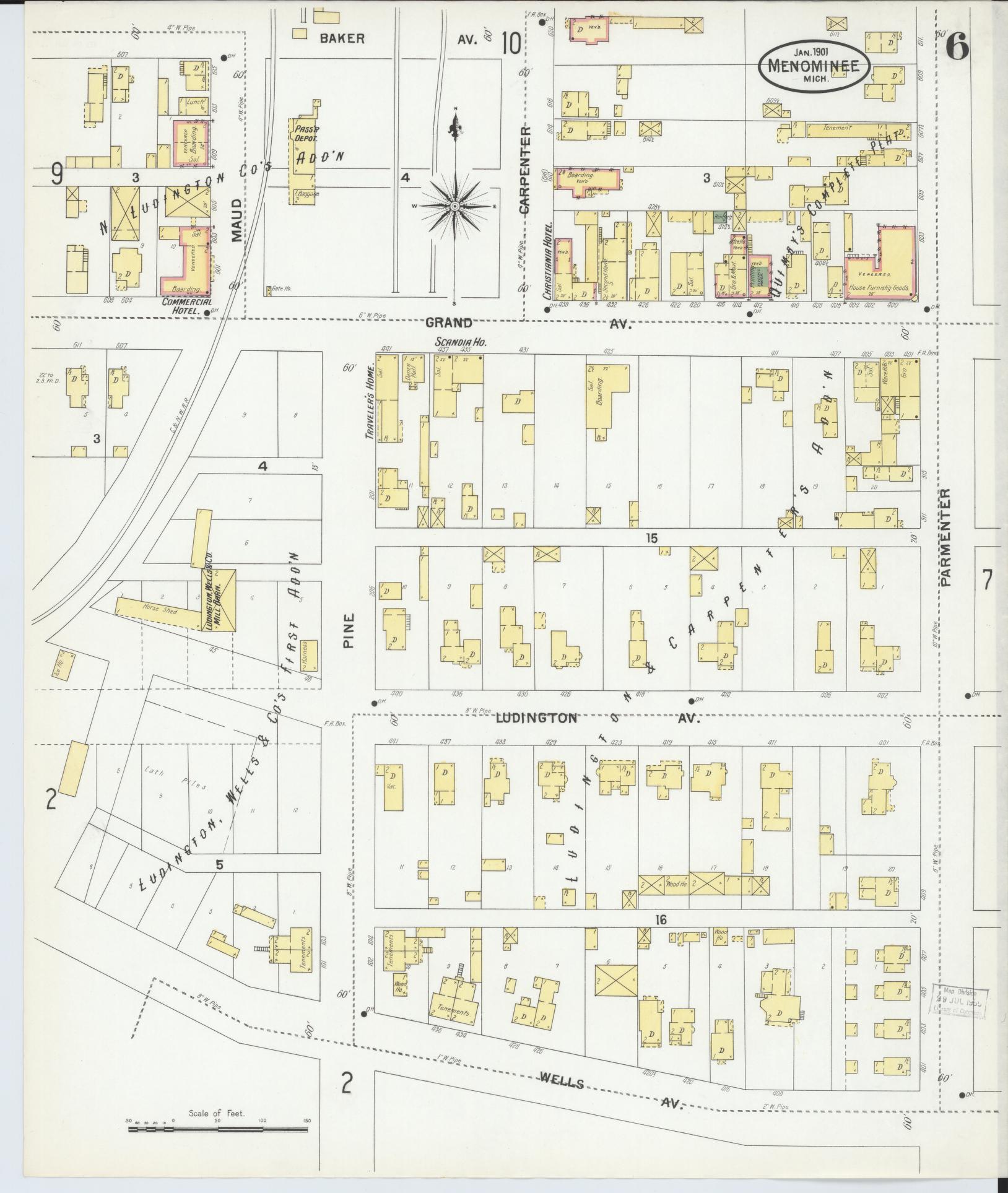 Sanborn Fire Insurance Map from Menominee, Menominee County, Michigan (1901), Sheet #0006 - Complete Map Set gallery image, historic Sanborn map, vintage wall art, Michigan Michigan