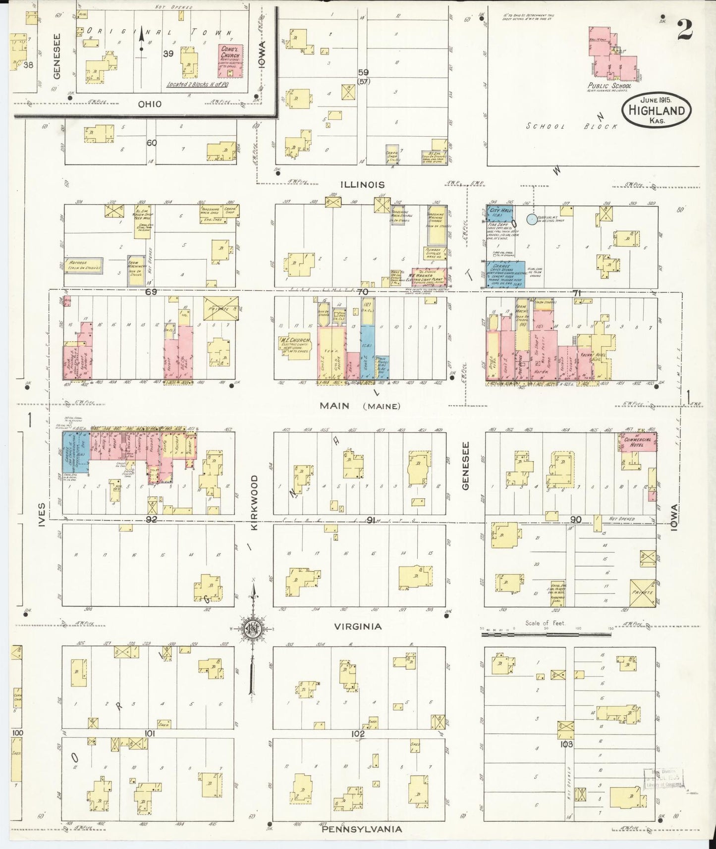 Sanborn Fire Insurance Map from Highland, Doniphan County, Kansas (1915), Sheet #0002 - Complete Map Set gallery image, historic Sanborn map, vintage wall art, Kansas Kansas