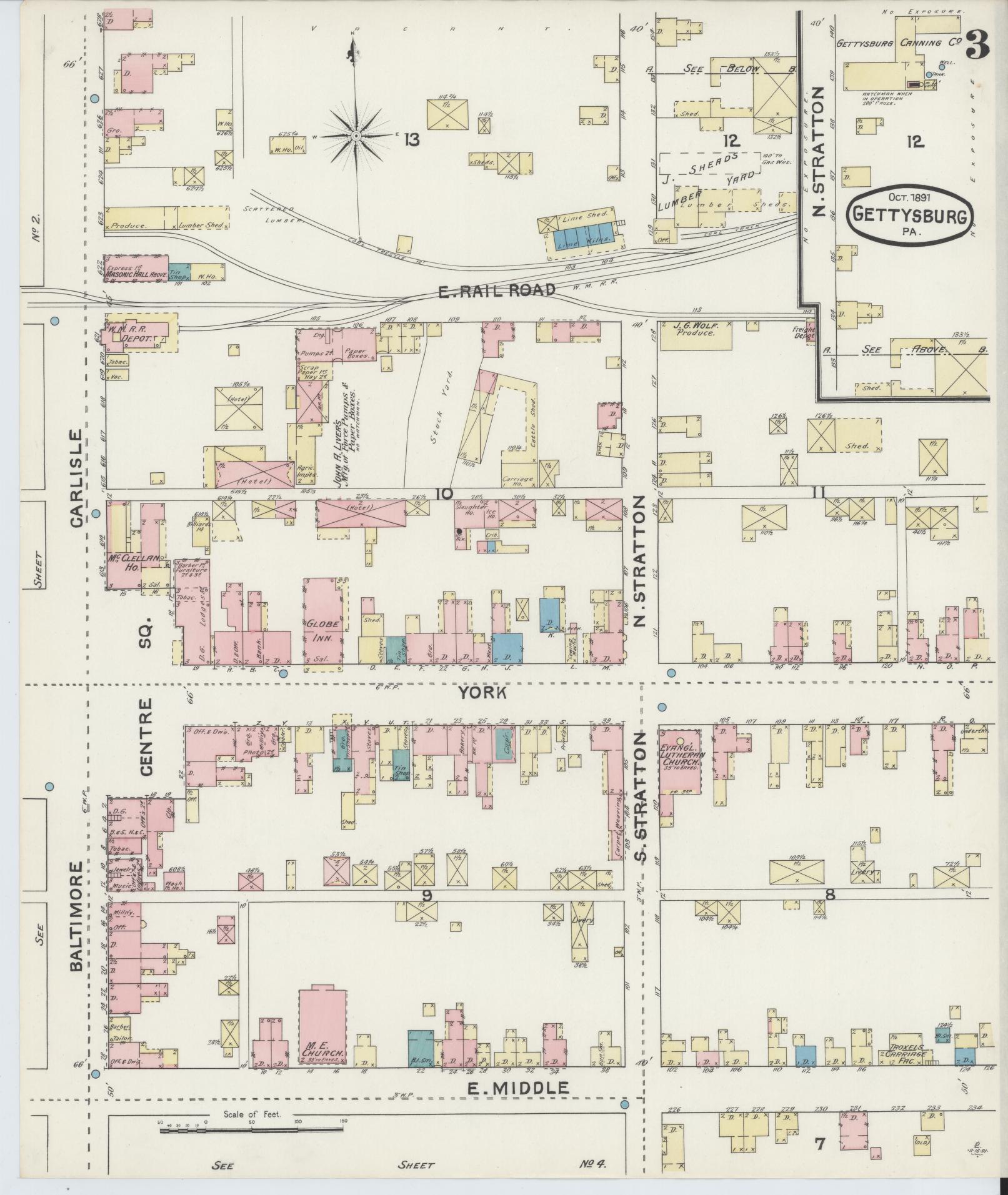 Sanborn Fire Insurance Map from Gettysburg, Adams County, Pennsylvania (1891), Sheet #0003 - Historic Sanborn Fire Insurance Map Print, vintage old map wall art, antique decor, genealogy gift, Pennsylvania Pennsylvania map