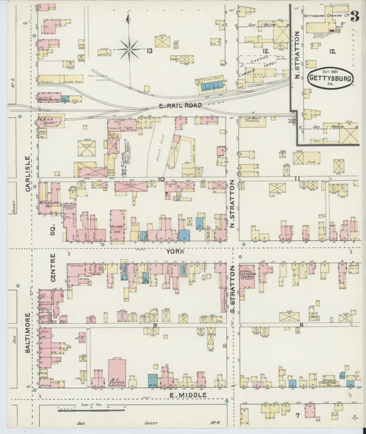 Sanborn Fire Insurance Map from Gettysburg, Adams County, Pennsylvania (1891), Sheet #0003 - Historic Sanborn Fire Insurance Map Print, vintage old map wall art, antique decor, genealogy gift, Pennsylvania Pennsylvania map