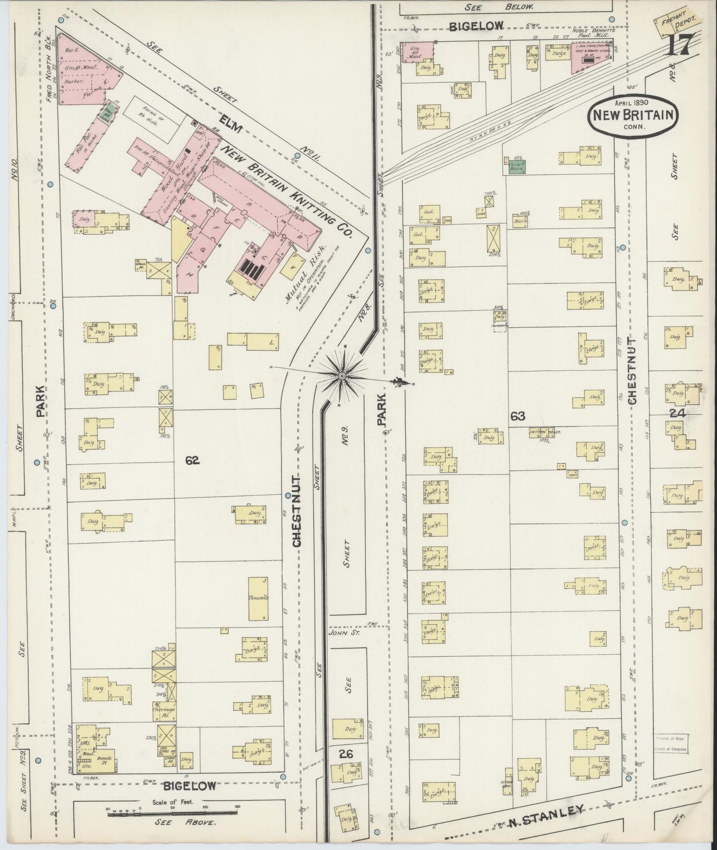Sanborn Fire Insurance Map from New Britain, Hartford County, Connecticut (1890), Sheet #0017 - Historic Sanborn Fire Insurance Map Print, vintage old map wall art, antique decor, genealogy gift, Connecticut Connecticut map