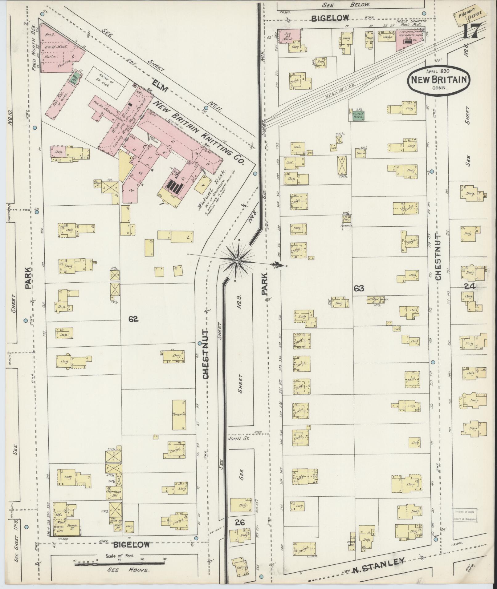 Sanborn Fire Insurance Map from New Britain, Hartford County, Connecticut (1890), Sheet #0017 - Historic Sanborn Fire Insurance Map Print, vintage old map wall art, antique decor, genealogy gift, Connecticut Connecticut map