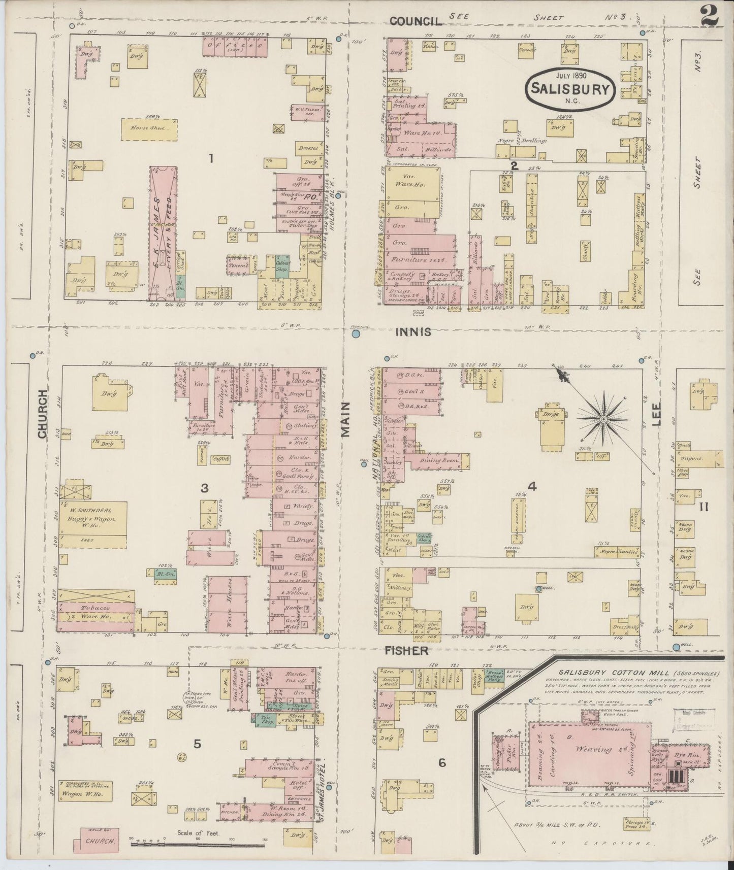 Sanborn Fire Insurance Map from Salisbury, Rowan County, North Carolina (1890), Sheet #0002 - Complete Map Set gallery image, historic Sanborn map, vintage wall art, North Carolina North Carolina