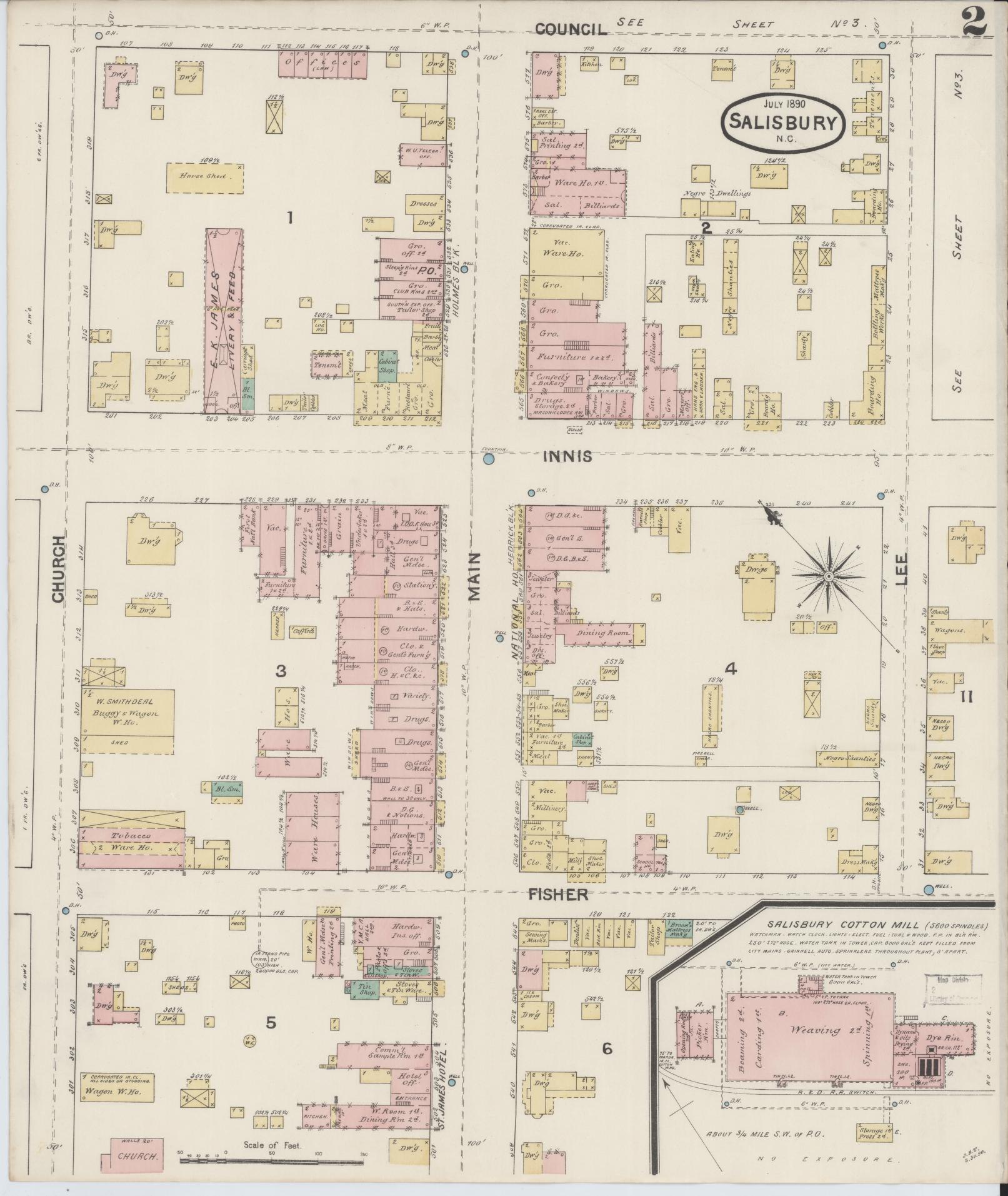 Sanborn Fire Insurance Map from Salisbury, Rowan County, North Carolina (1890), Sheet #0002 - Complete Map Set gallery image, historic Sanborn map, vintage wall art, North Carolina North Carolina