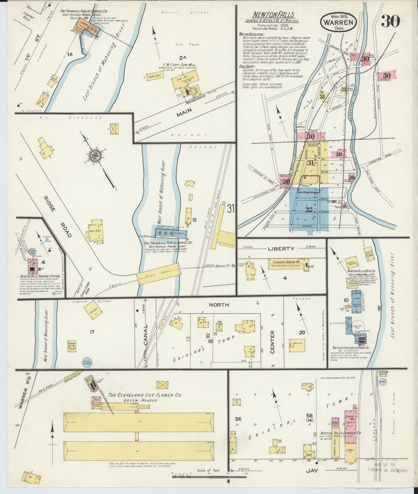 Sanborn Fire Insurance Map from Warren, Trumbull County, Ohio (1915), Sheet #0030 - Historic Sanborn Fire Insurance Map Print, vintage old map wall art, antique decor, genealogy gift, Ohio Ohio map
