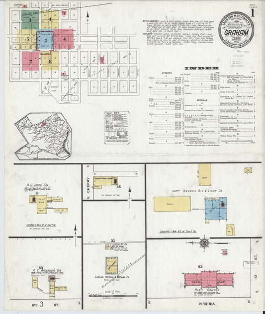 Sanborn Fire Insurance Map from Graham, Young County, Texas (1920), Sheet #0001 - Historic Sanborn Fire Insurance Map Print, vintage old map wall art, antique decor, genealogy gift, Texas Texas map