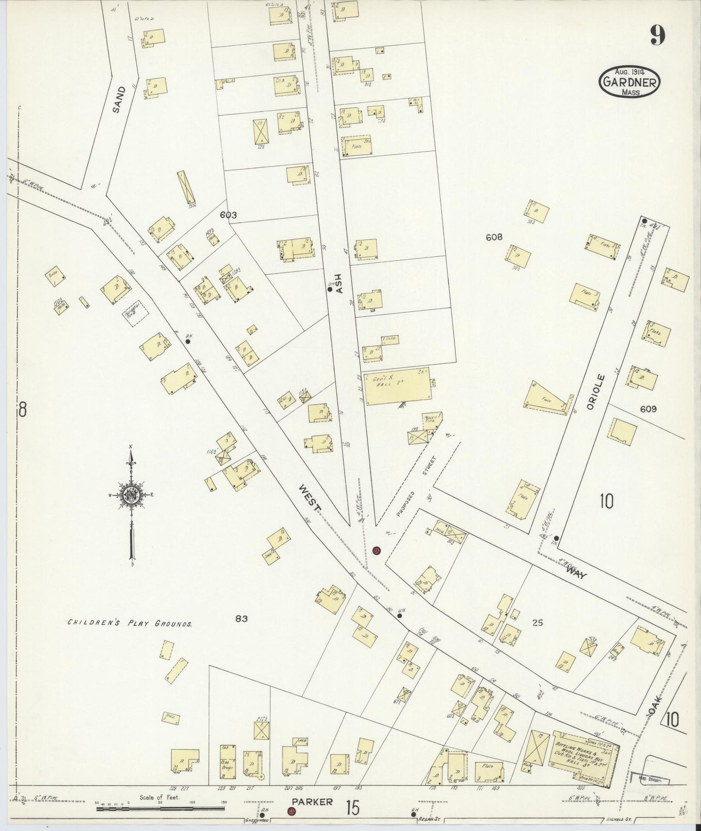 Sanborn Fire Insurance Map from Gardner, Worcester County, Massachusetts (1914), Sheet #0009 - Historic Sanborn Fire Insurance Map Print, vintage old map wall art, antique decor, genealogy gift, Massachusetts Massachusetts map