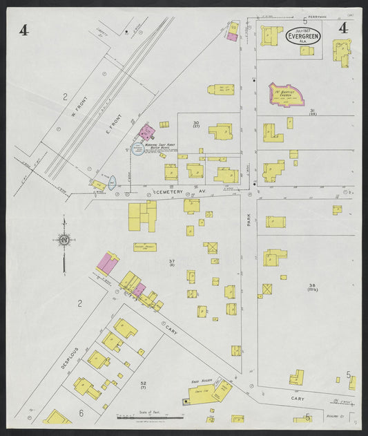 Sanborn Fire Insurance Map from Evergreen, Conecuh County, Alabama (1927), Sheet #0004 - Historic Sanborn Fire Insurance Map Print, vintage old map wall art, antique decor, genealogy gift, Alabama Alabama map