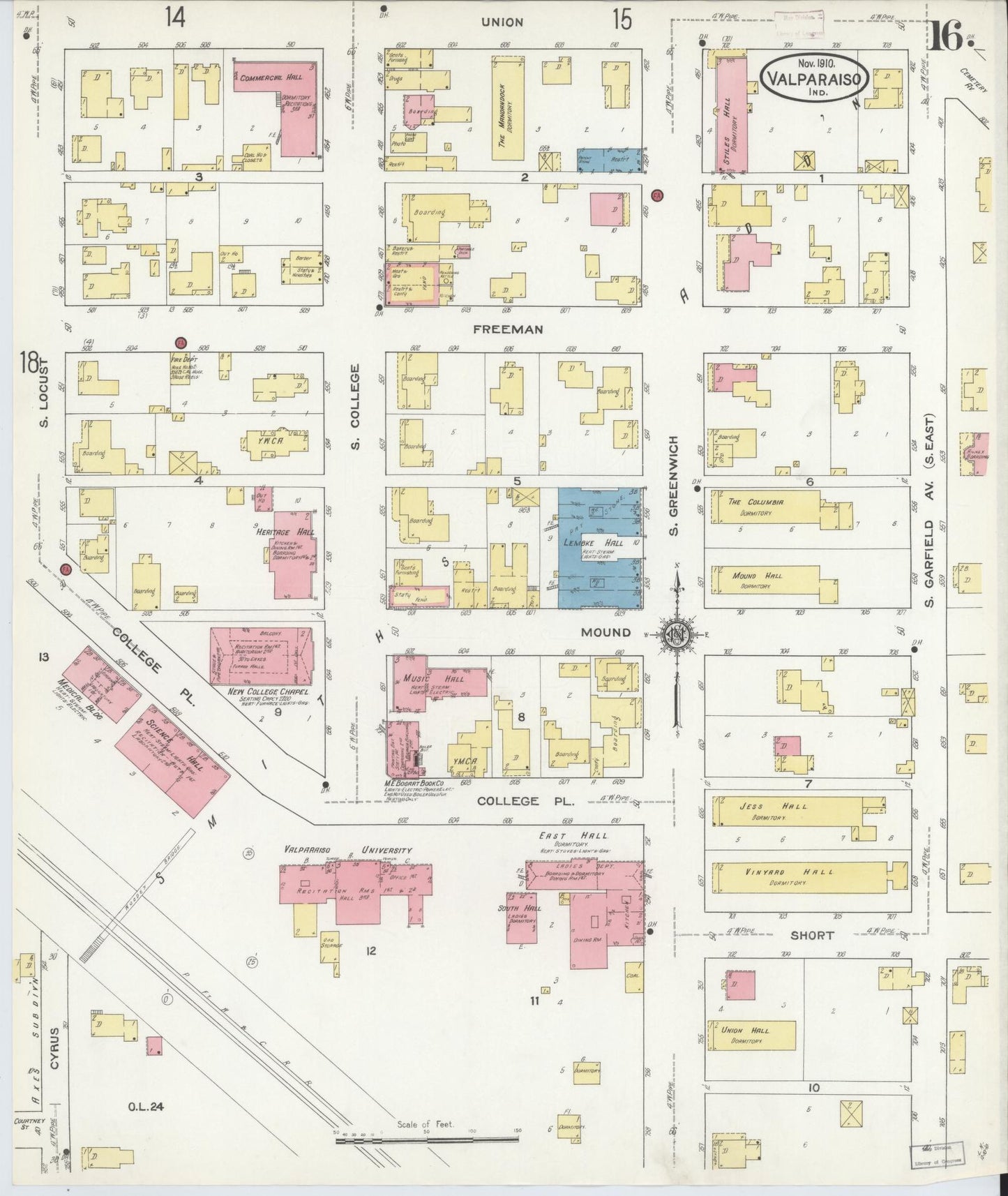 Sanborn Fire Insurance Map from Valparaiso, Porter County, Indiana (1910), Sheet #0016 - Complete Map Set gallery image, historic Sanborn map, vintage wall art, Indiana Indiana