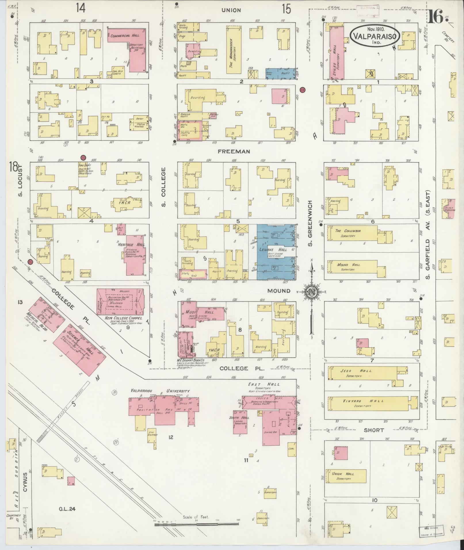Sanborn Fire Insurance Map from Valparaiso, Porter County, Indiana (1910), Sheet #0016 - Complete Map Set gallery image, historic Sanborn map, vintage wall art, Indiana Indiana