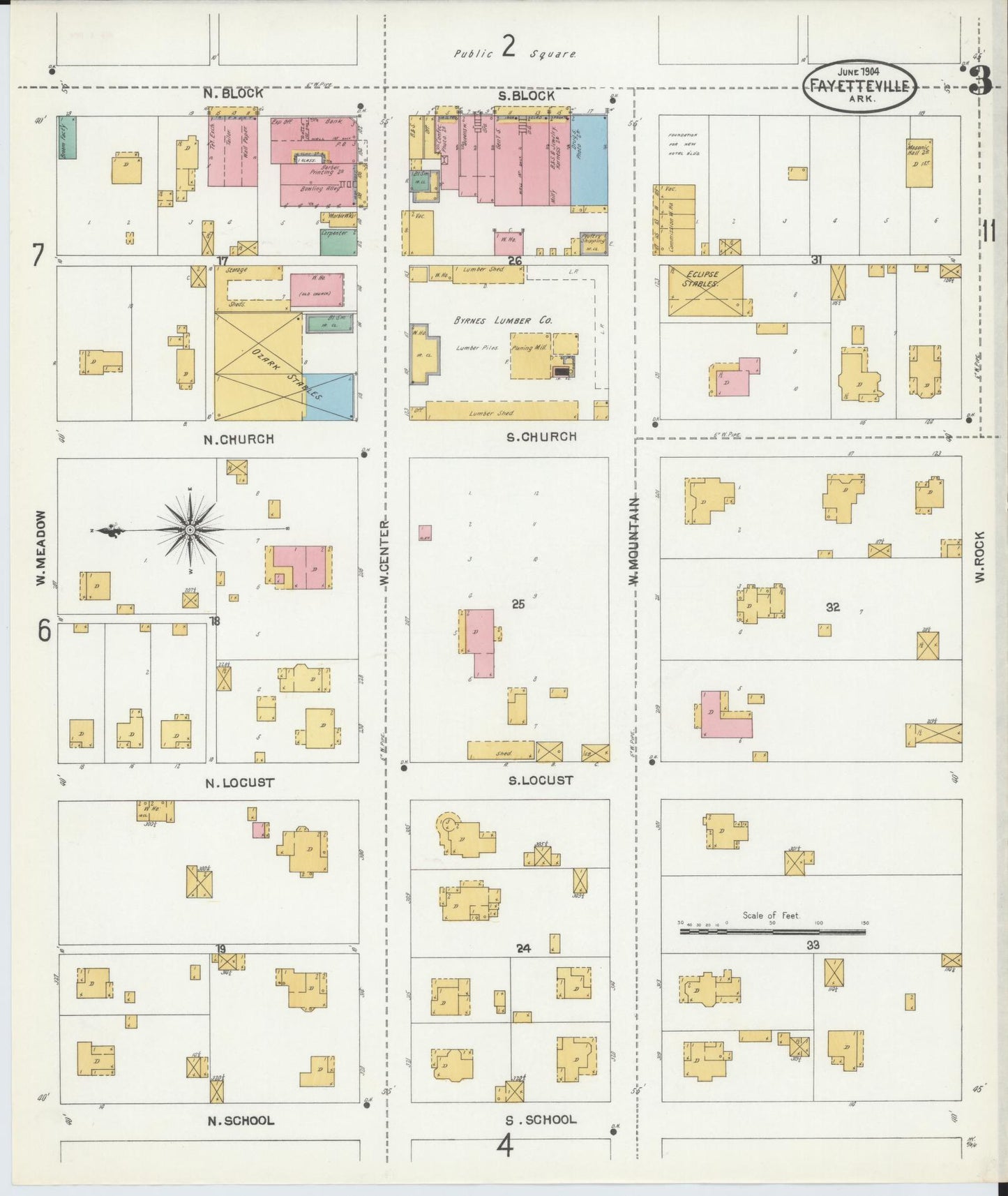 Sanborn Fire Insurance Map from Fayetteville, Washington County, Arkansas (1904), Sheet #0003 - Complete Map Set gallery image, historic Sanborn map, vintage wall art, Arkansas Arkansas