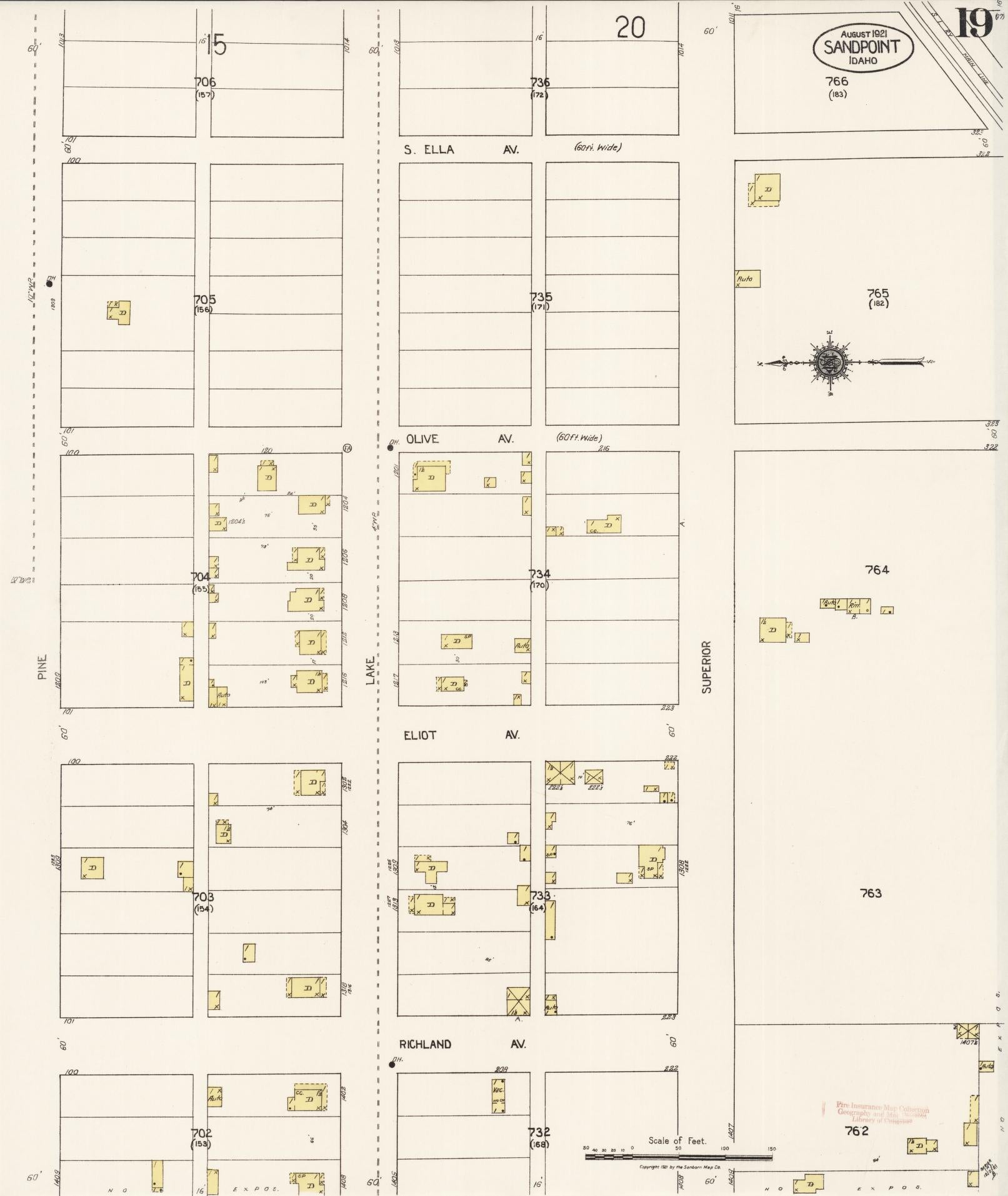 Sanborn Fire Insurance Map from Sandpoint, Bonner County, Idaho (1921), Sheet #0019 - Complete Map Set gallery image, historic Sanborn map, vintage wall art, Idaho Idaho
